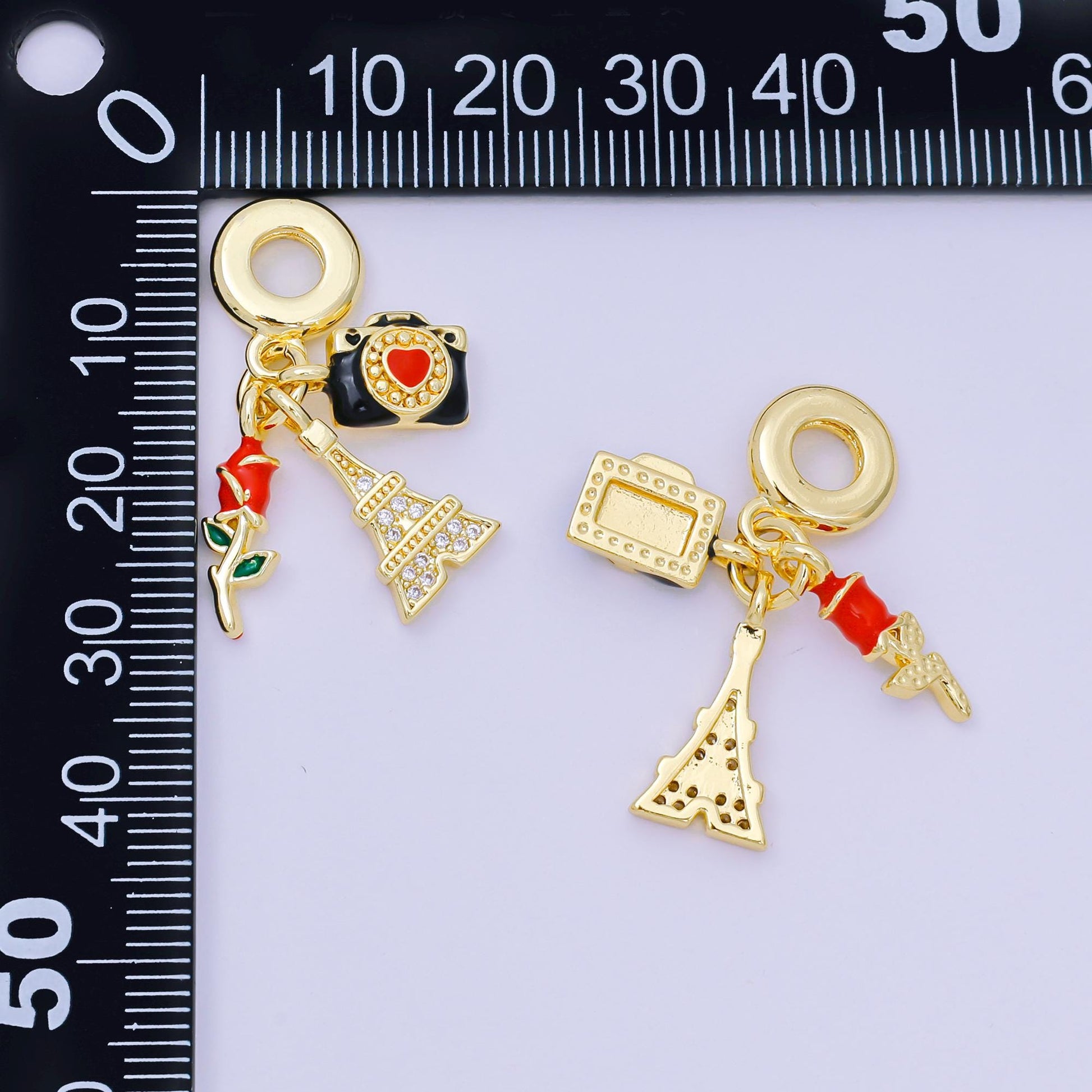 24K Gold Filled 16mm Micro Paved CZ Enamel Art Love in Paris Set Charm in Rose, Camera, & Eiffel Tower | AH-600