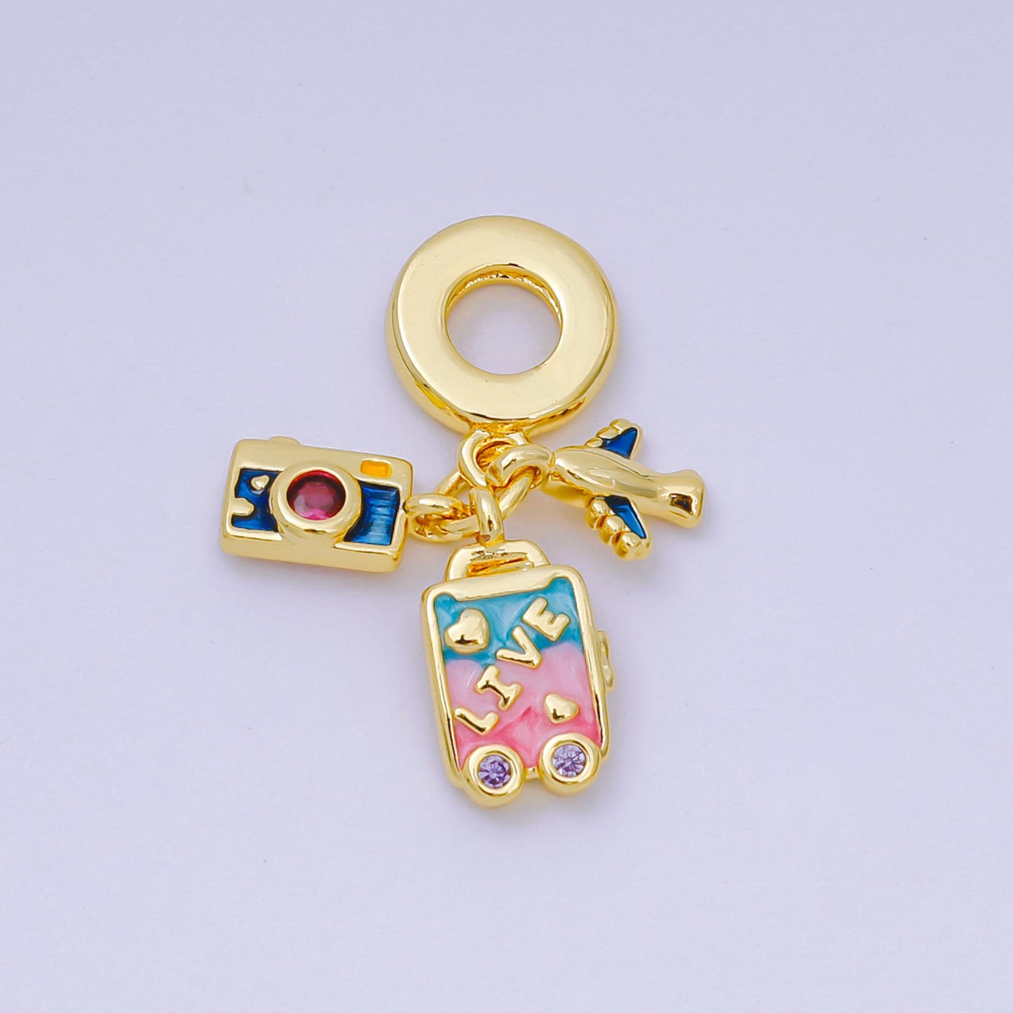 24K Gold Filled 10mm Micro Paved CZ Enamel Art Travel Set Charm in Airplane, Camera, & Baggage | AH-601