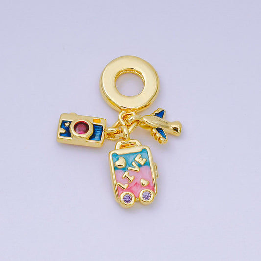 24K Gold Filled 10mm Micro Paved CZ Enamel Art Travel Set Charm in Airplane, Camera, & Baggage | AH-601