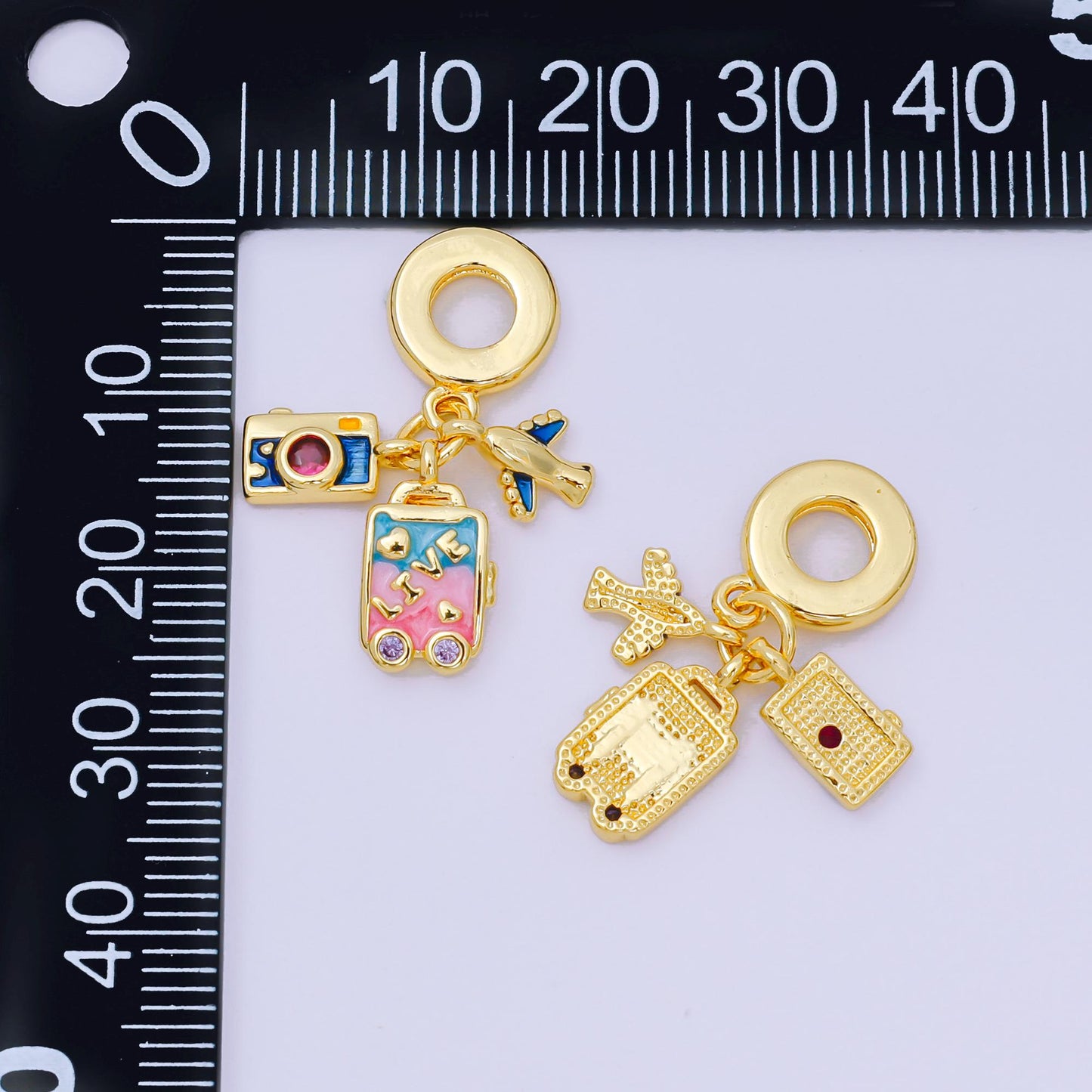 24K Gold Filled 10mm Micro Paved CZ Enamel Art Travel Set Charm in Airplane, Camera, & Baggage | AH-601