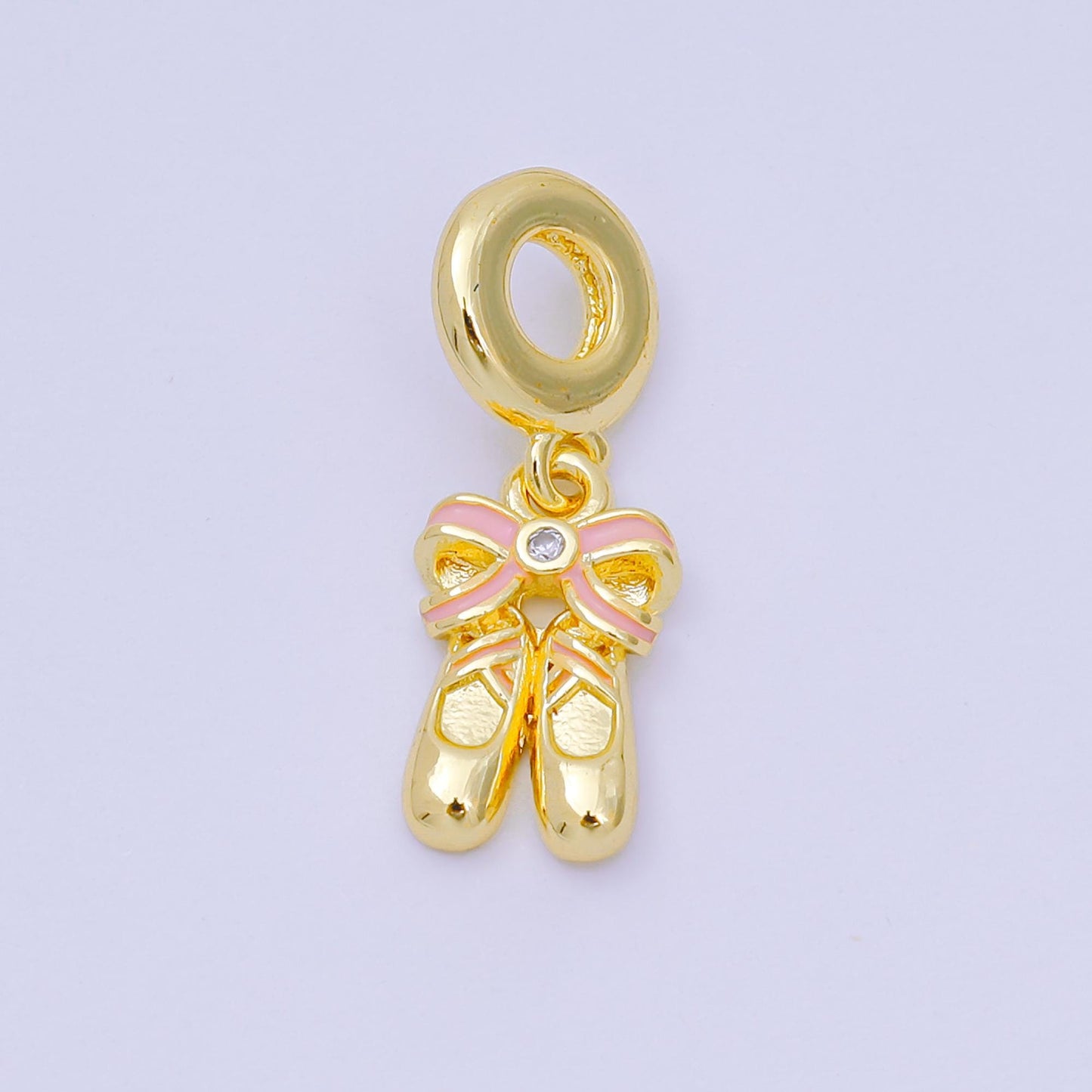 24K Gold Filled 16mm Round CZ Enamel Art Ballet Shoes with Bow Charm | AH-596