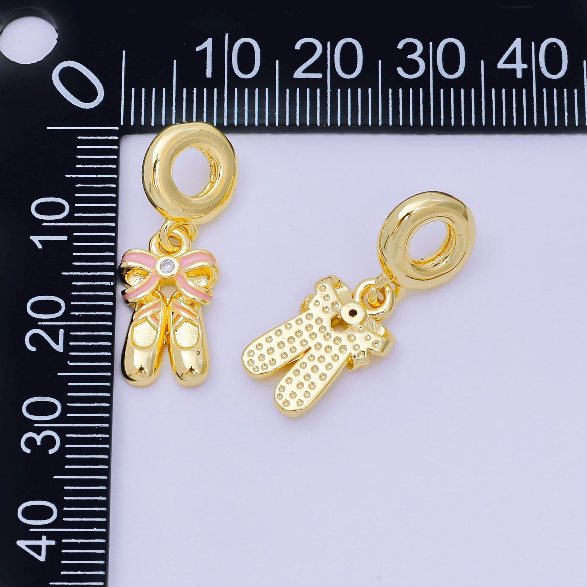 24K Gold Filled 16mm Round CZ Enamel Art Ballet Shoes with Bow Charm | AH-596