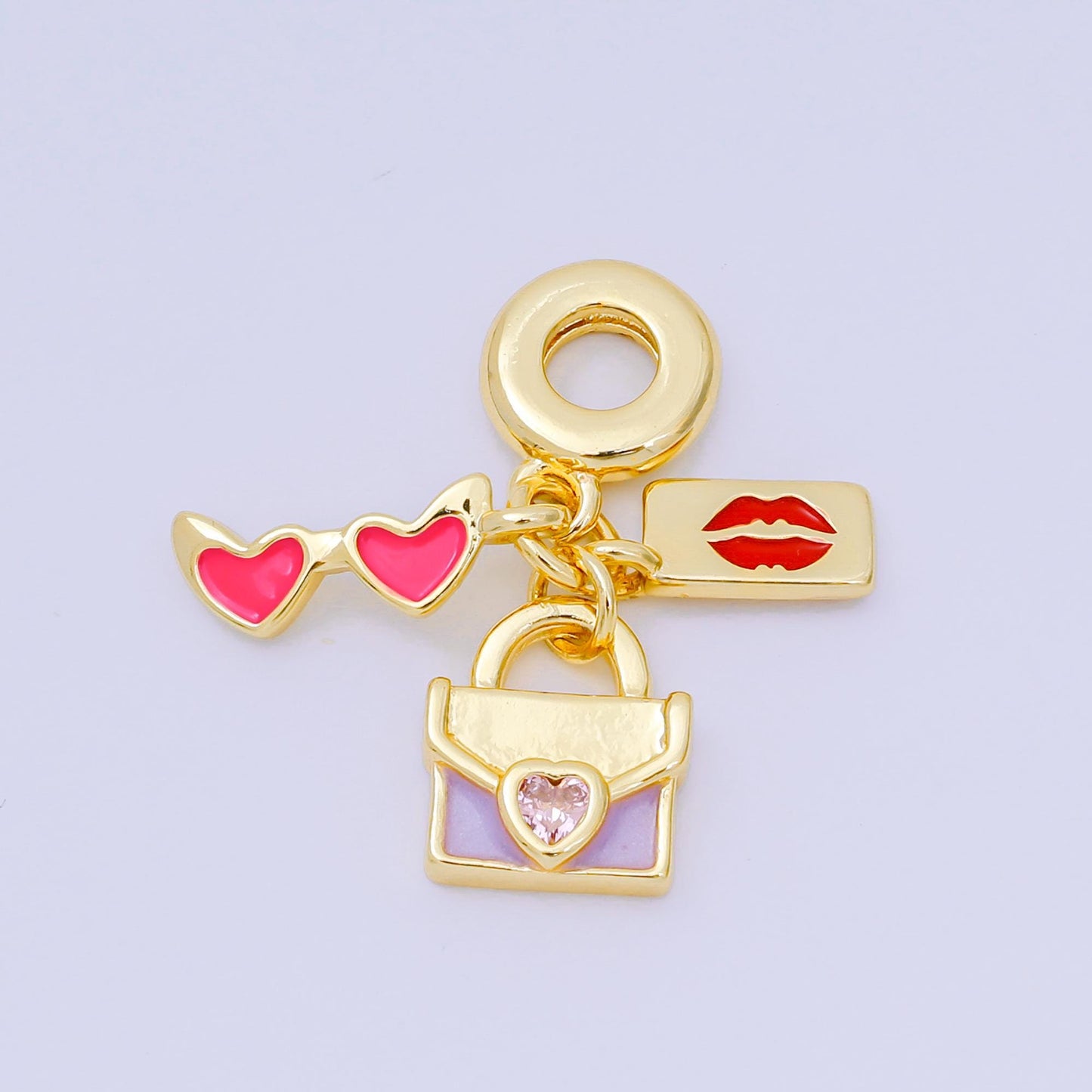 24K Gold Filled 16.5mm Heart-Shaped CZ Enamel Art Popular Girl Set Charm in Sunglasses, Lipstick, & Purse | AH-603