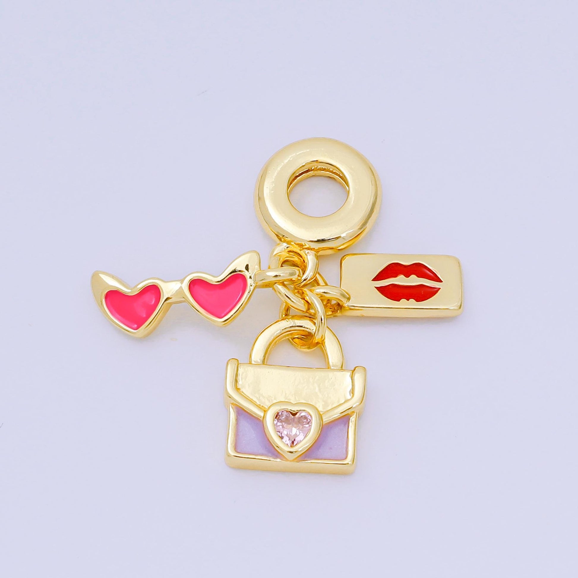 24K Gold Filled 16.5mm Heart-Shaped CZ Enamel Art Popular Girl Set Charm in Sunglasses, Lipstick, & Purse | AH-603
