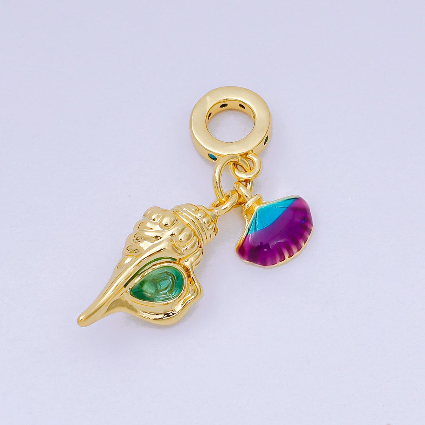 24K Gold Filled 20mm Enamel Art Mermaid's Delight Set Charm in Clam Shell & Conch Shell | AH-597