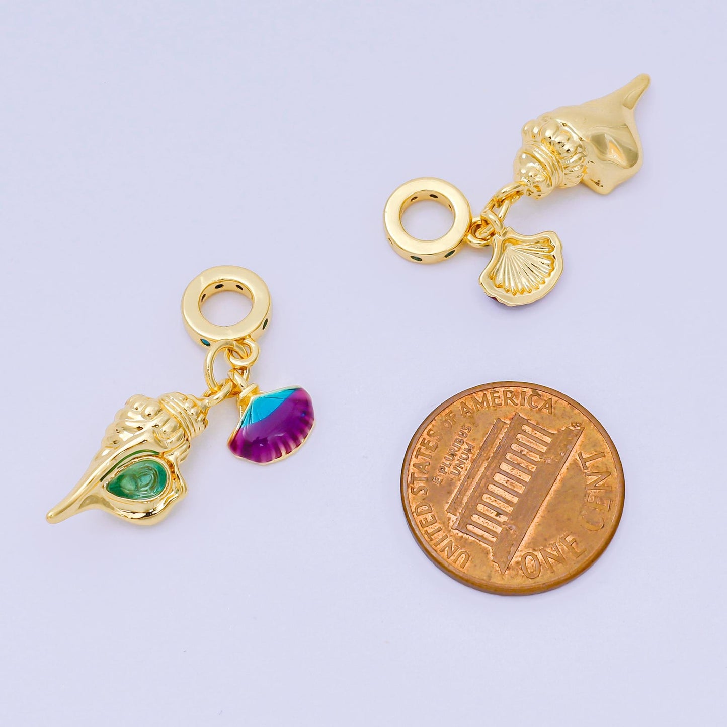 24K Gold Filled 20mm Enamel Art Mermaid's Delight Set Charm in Clam Shell & Conch Shell | AH-597