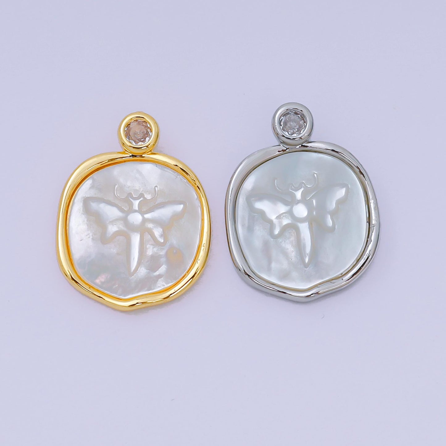 24K Gold Filled 20mm Mother of Pearl Dragonfly Medallion Pendant in Gold & Silver | AA-1578