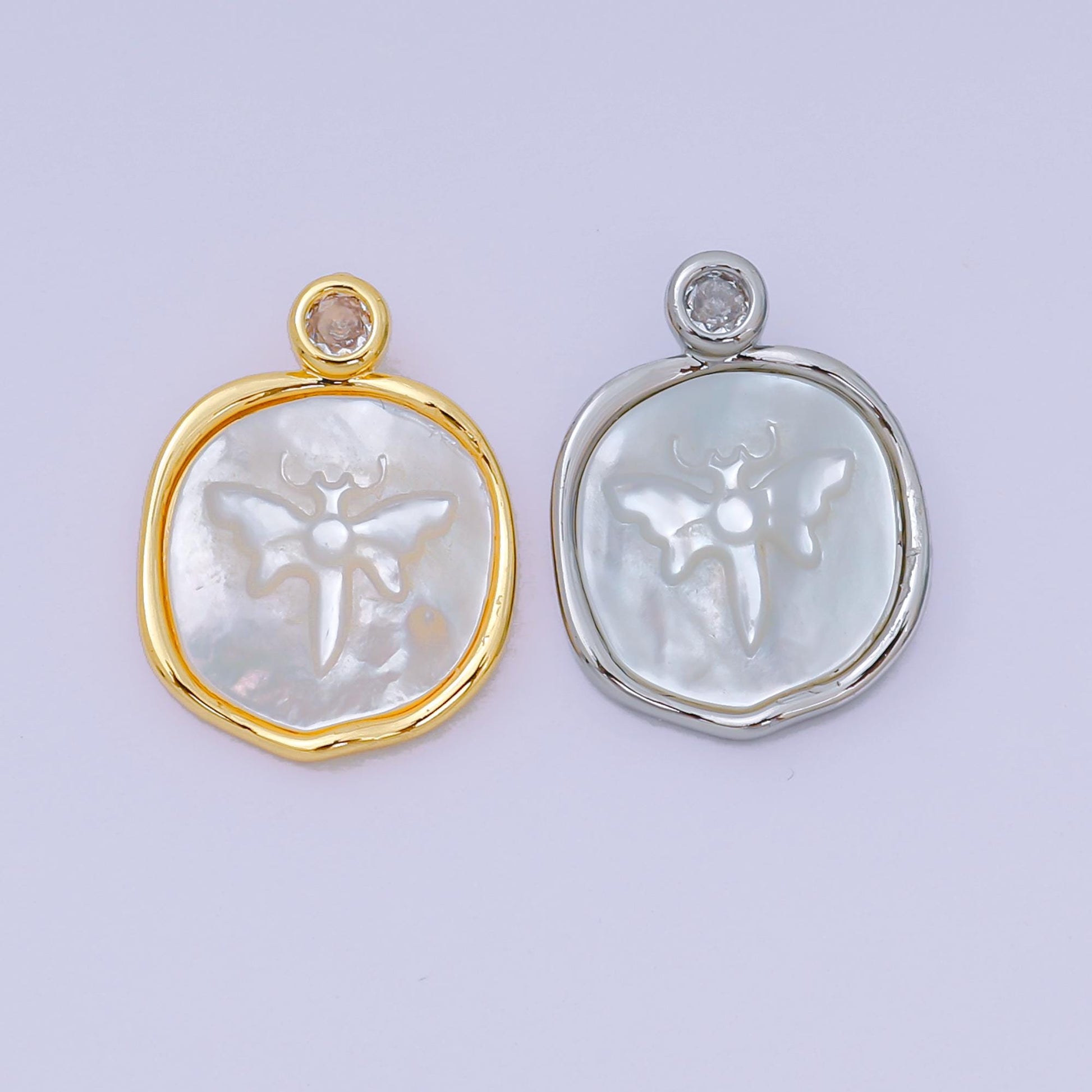 24K Gold Filled 20mm Mother of Pearl Dragonfly Medallion Pendant in Gold & Silver | AA-1578