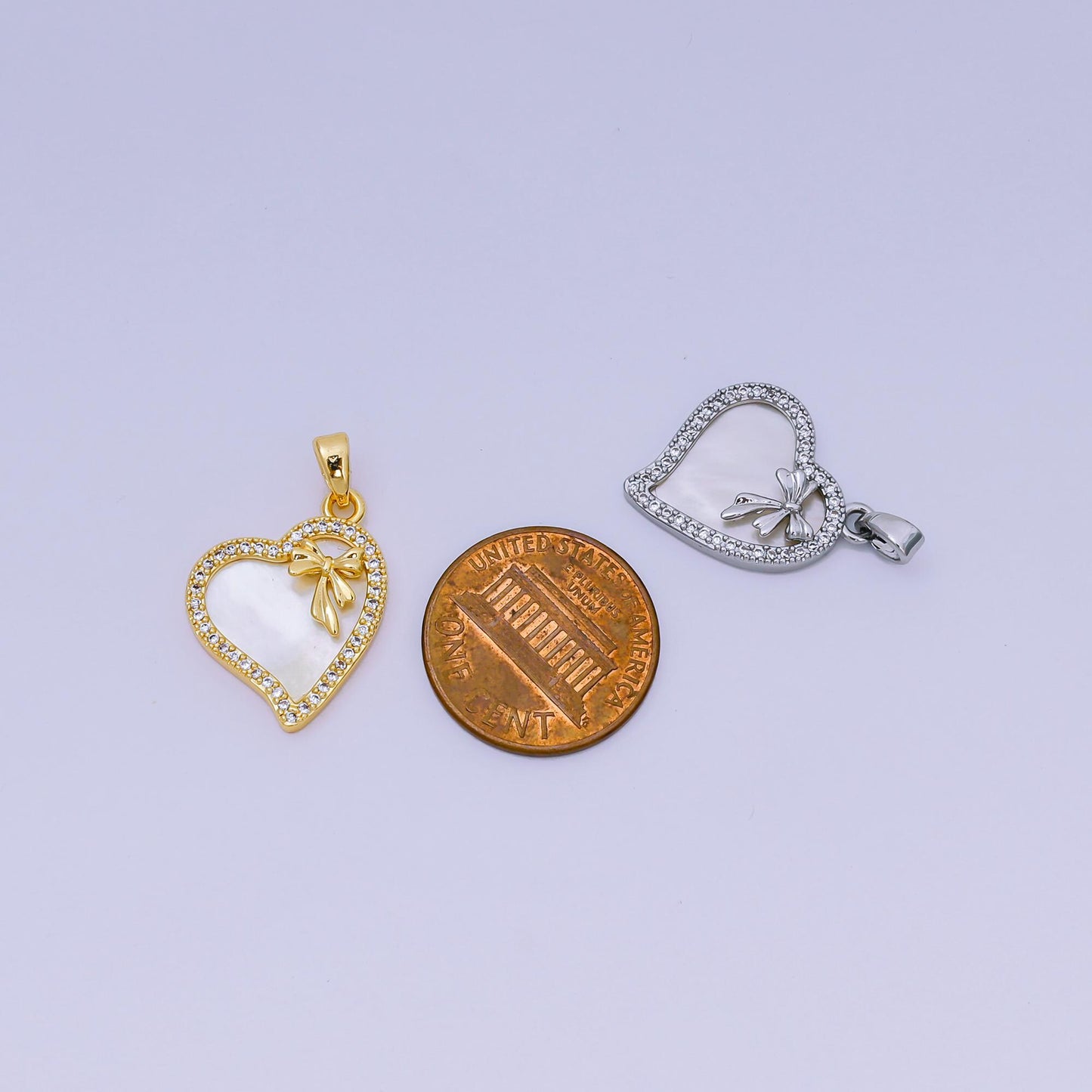 24K Gold Filled 19mm Micro Paved CZ Mother of Pearl Heart in Ribbon Pendant in Gold & Silver | AA-1580