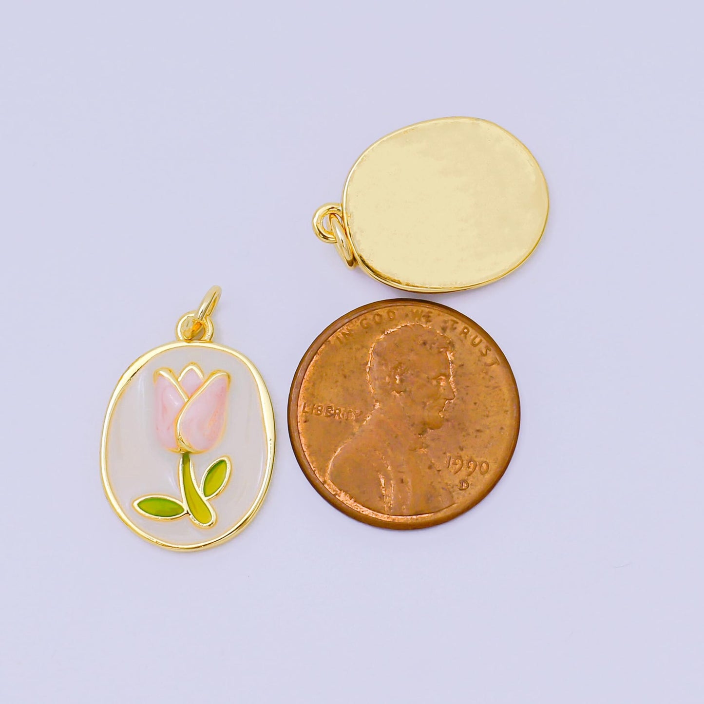 24K Gold Filled 20mm Enamel Art Blooming Tulip Emblem Charm in Pink & Orange | AH-631