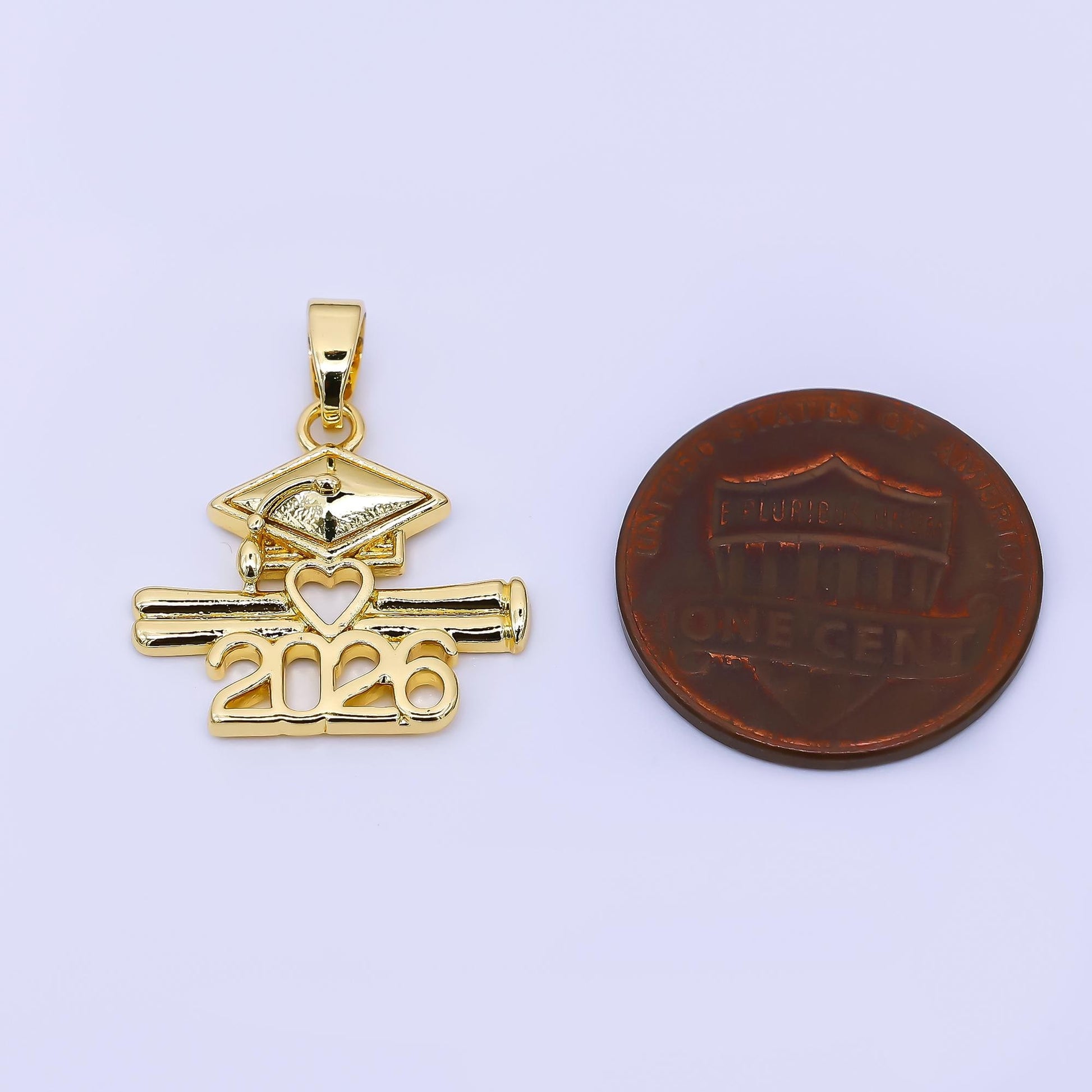 24K Gold Filled 17mm Graduation Charm Class of 2026 with Cap, Diploma Pendant | AA-1563
