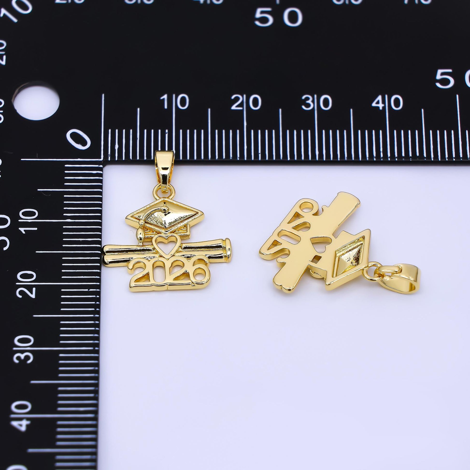 24K Gold Filled 17mm Graduation Charm Class of 2026 with Cap, Diploma Pendant | AA-1563