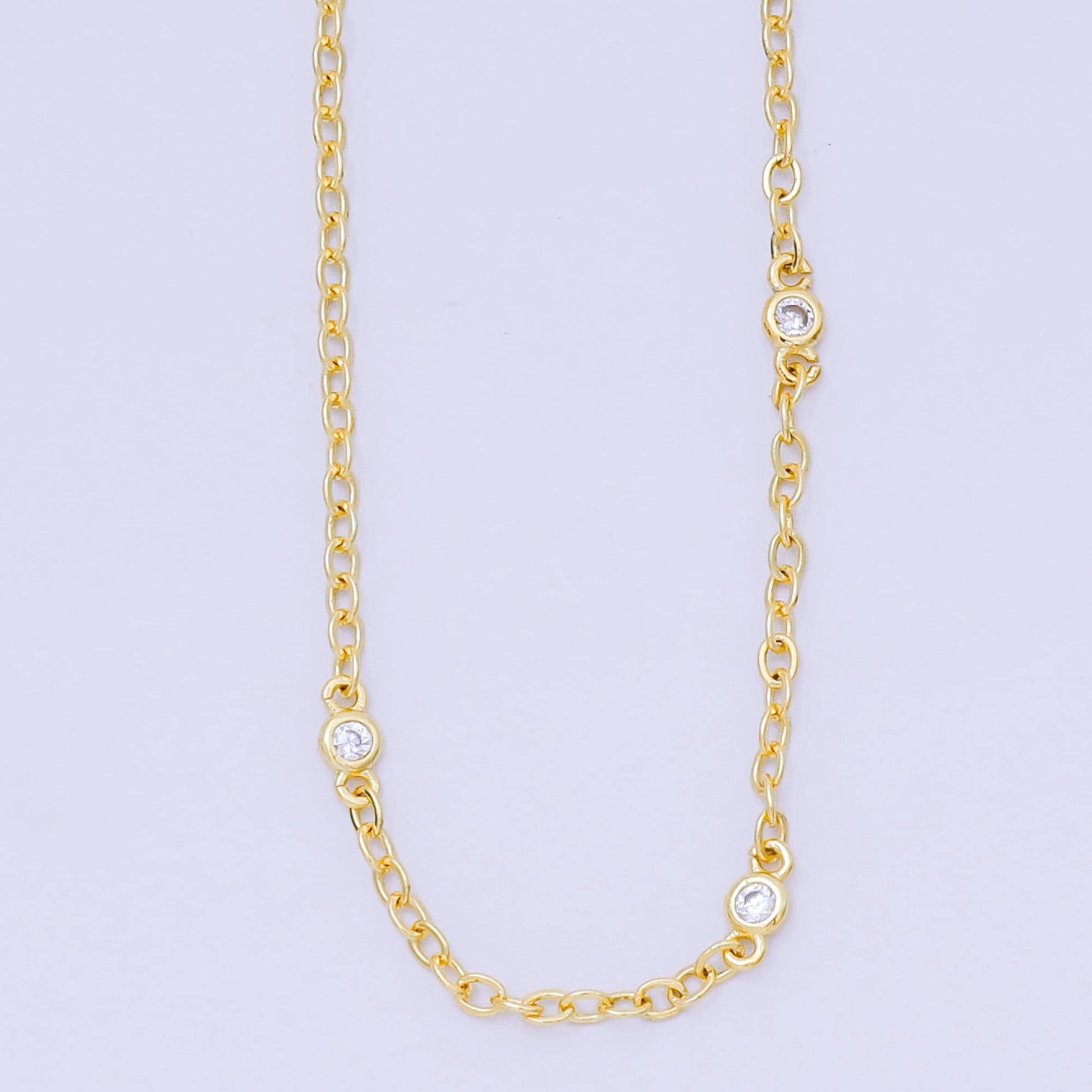 24K Gold Filled Triple Micro Paved CZ Station Anchor Link Chain Necklace 18 Inch | WA-3362