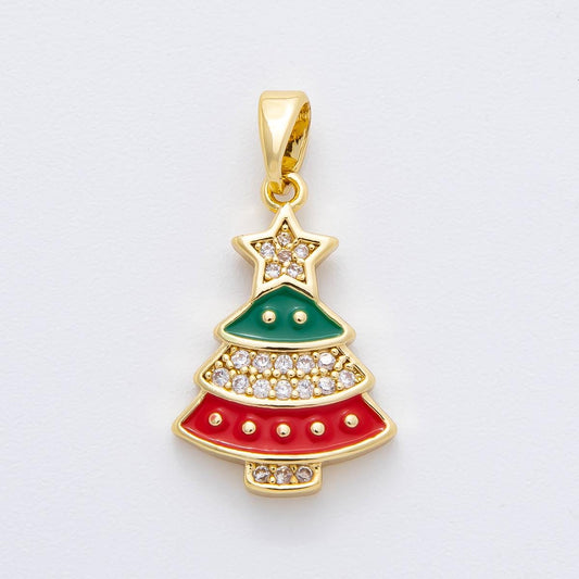 Dainty Red Green Christmas tree micro paved cz dainty 18k gold filled holiday season greetings pendant | AF-1139