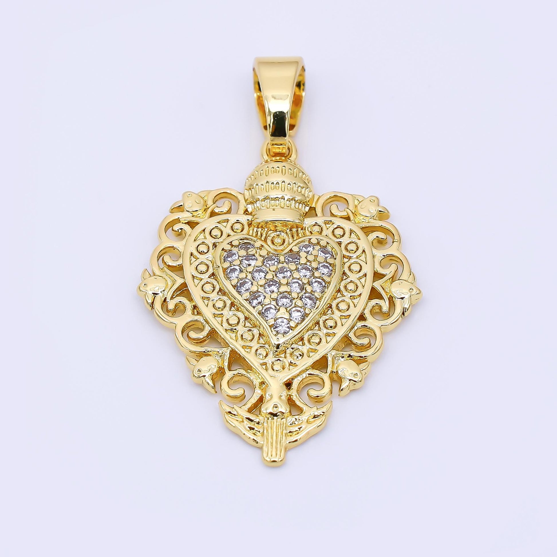 24K Gold Filled 26mm Micro Paved CZ Elegant Royal Heart Pendant | AH-542