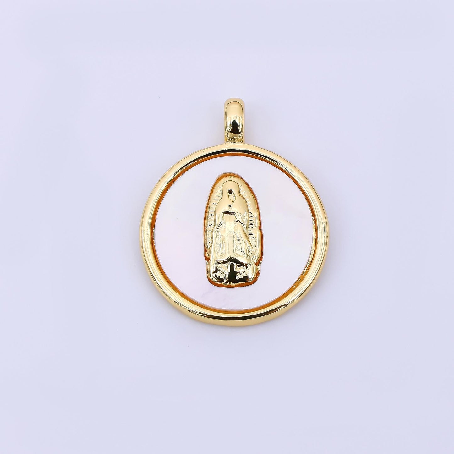 24K Gold Filled 19mm Mother of Pearl Art Lady Guadalupe Virgin Mary Charm | AH-567