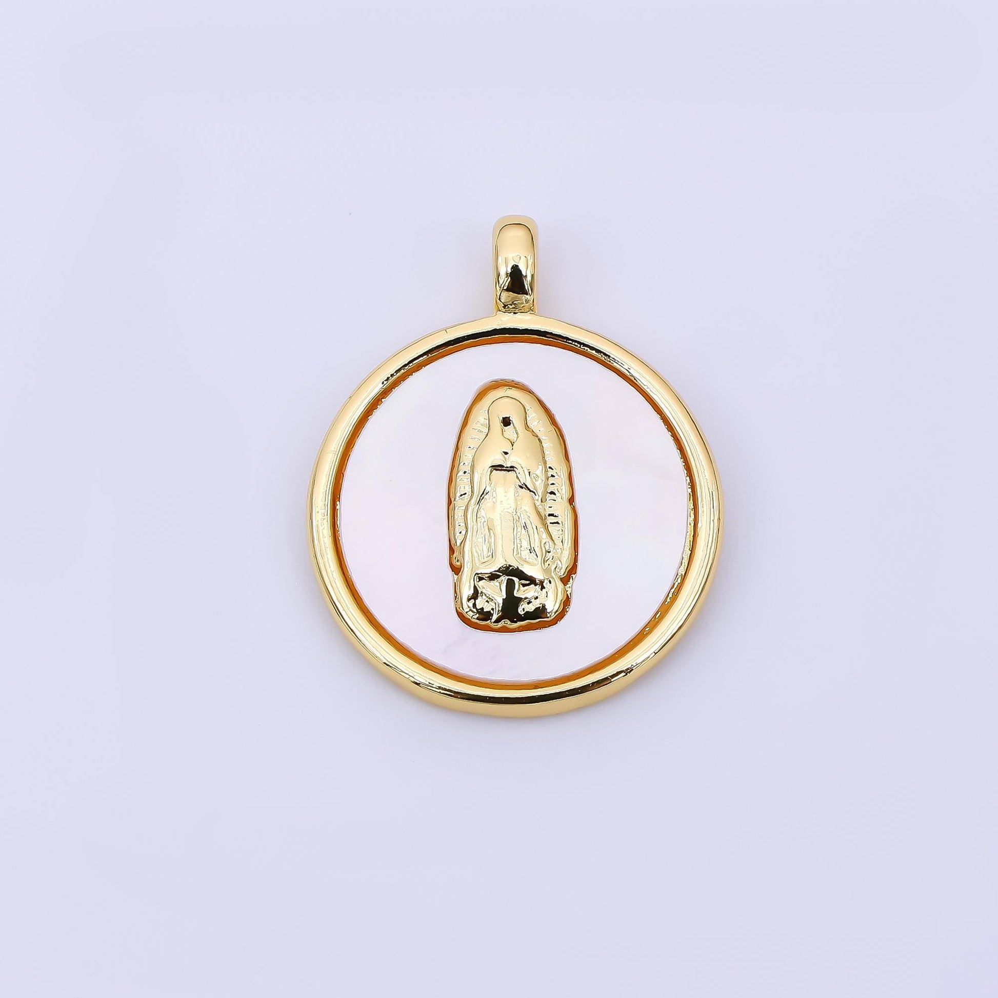 24K Gold Filled 19mm Mother of Pearl Art Lady Guadalupe Virgin Mary Charm | AH-567