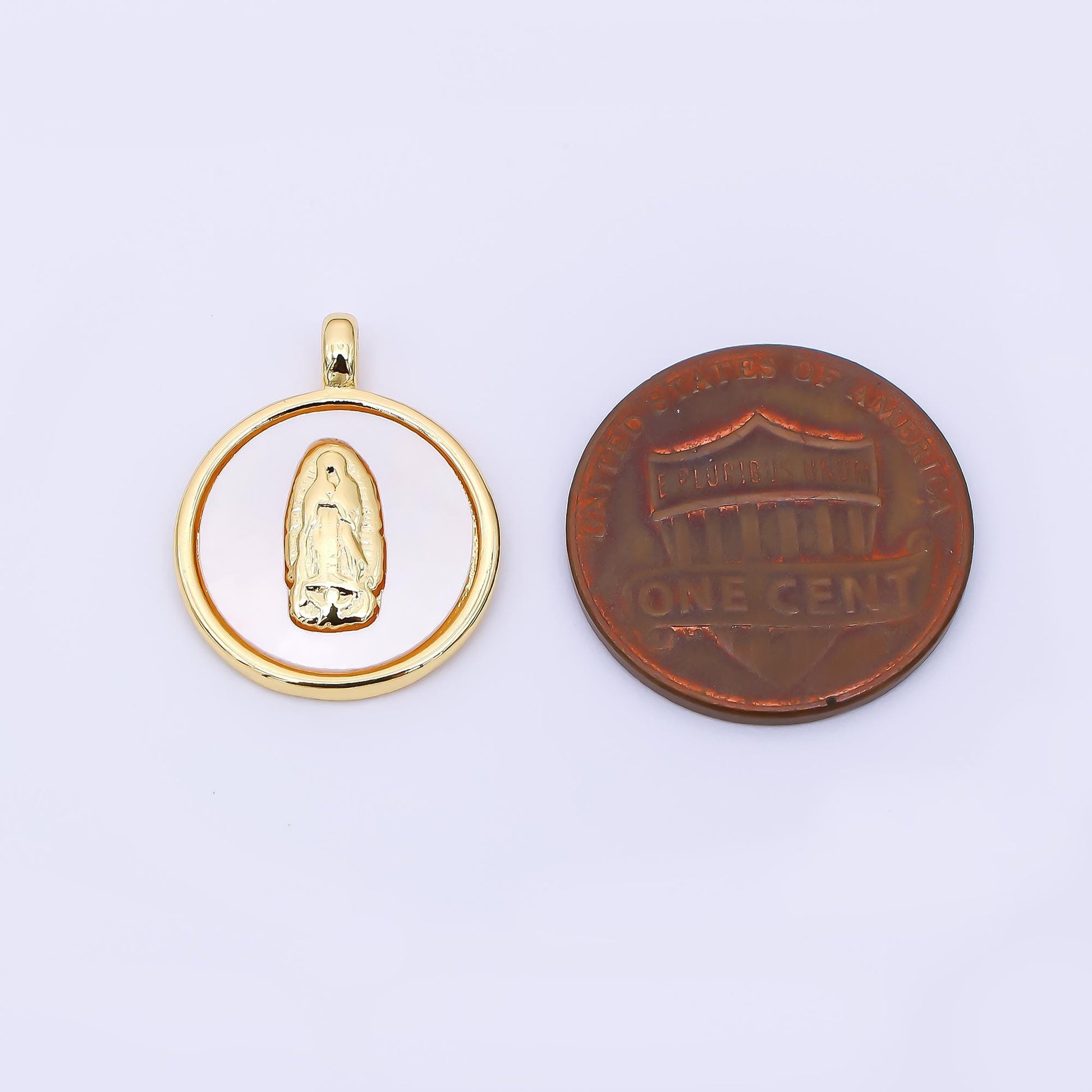 24K Gold Filled 19mm Mother of Pearl Art Lady Guadalupe Virgin Mary Charm | AH-567