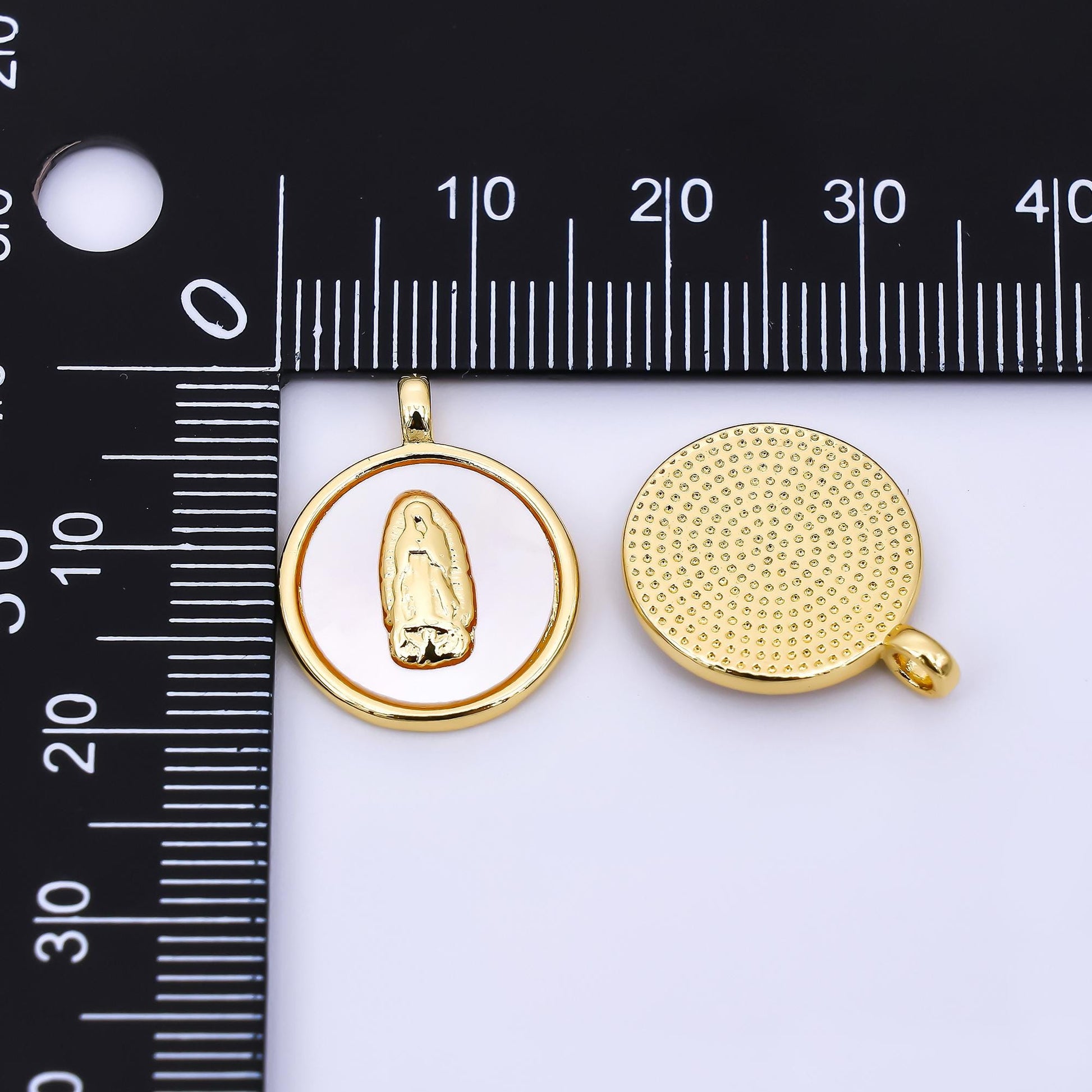 24K Gold Filled 19mm Mother of Pearl Art Lady Guadalupe Virgin Mary Charm | AH-567