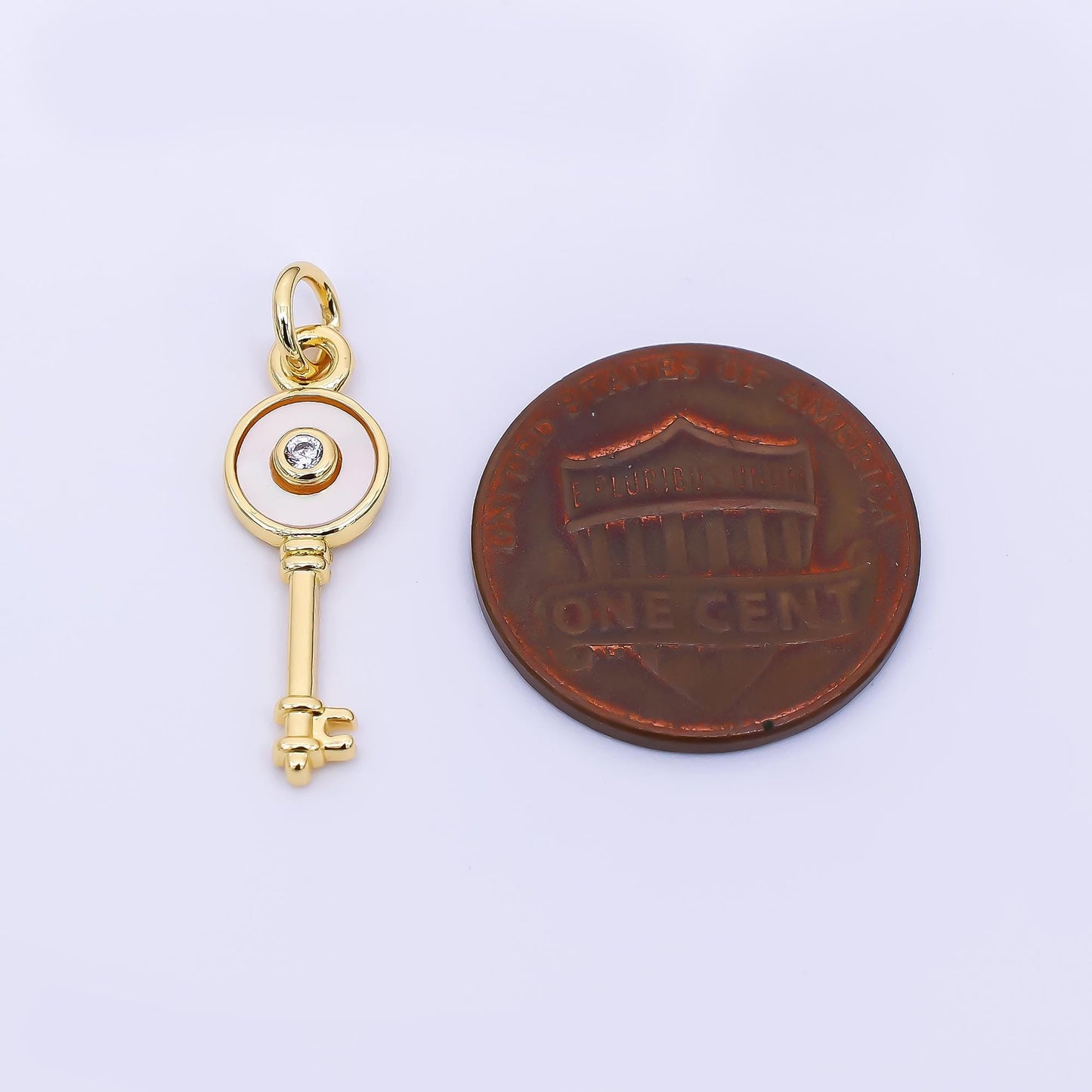 24K Gold Filled 21mm Round CZ Mother of Pearl Art Key Charm | AH-563