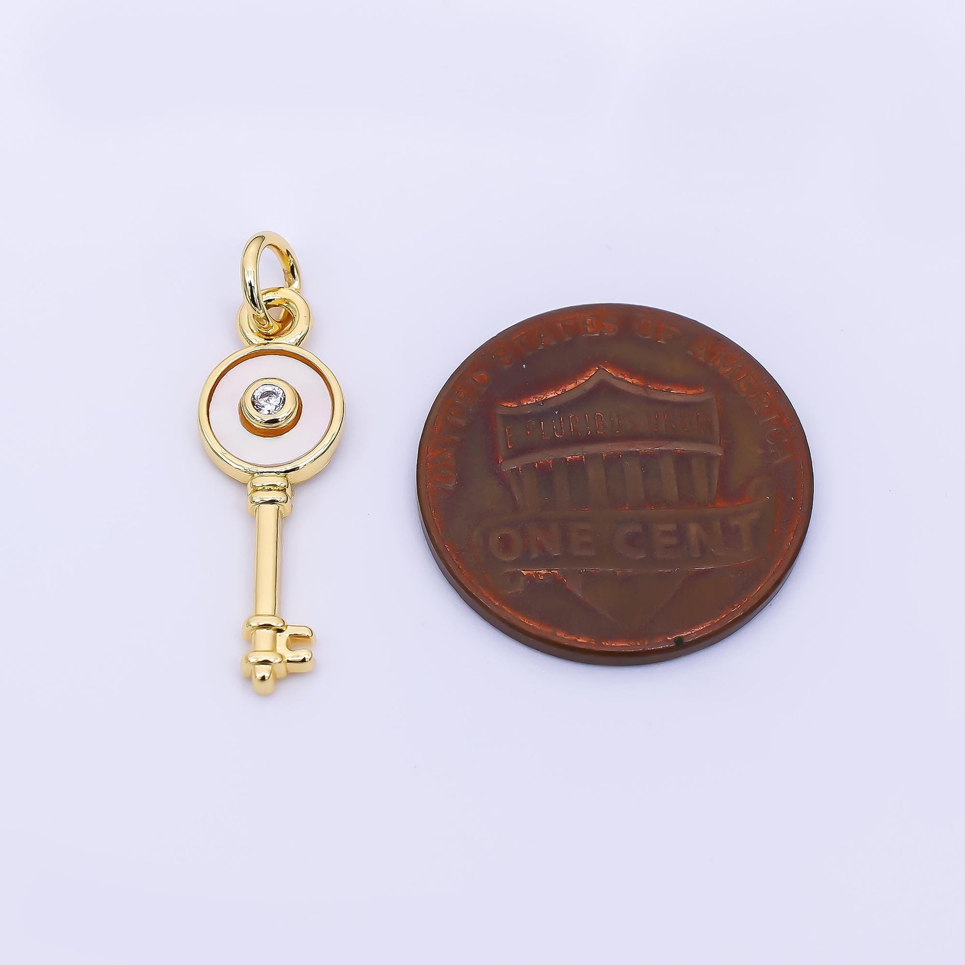 24K Gold Filled 21mm Round CZ Mother of Pearl Art Key Charm | AH-563