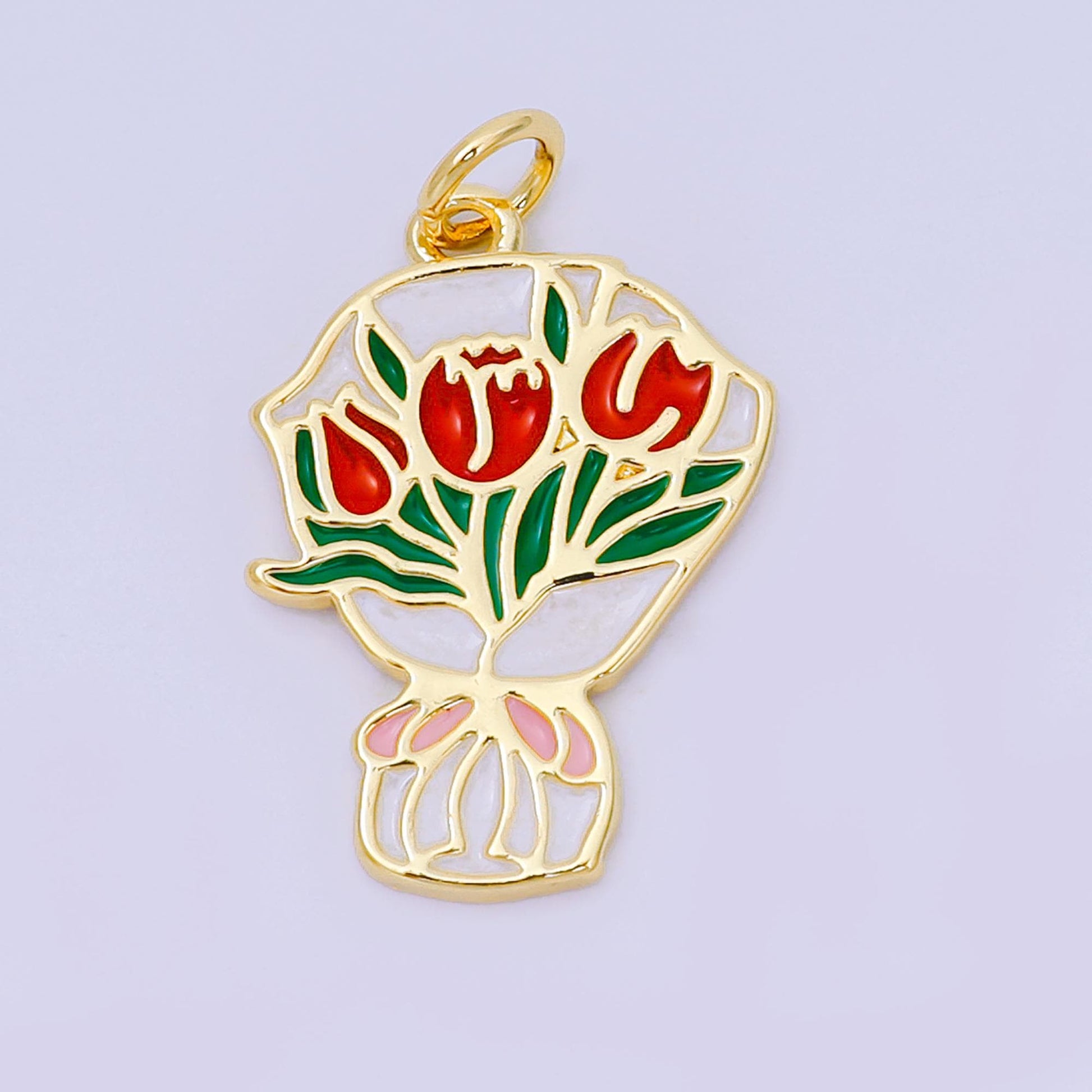 24K Gold Filled 10.5mm Enamel Art Bouquet of Roses Flower Charm | AH-642