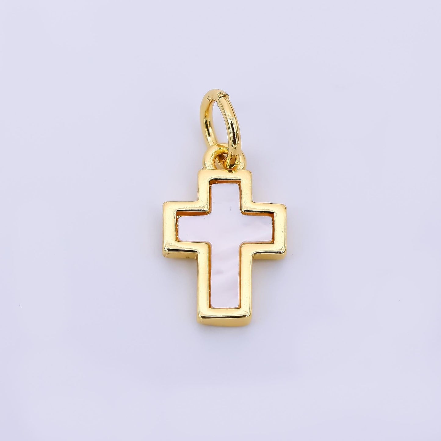 24K Gold Filled 14mm Mother of Pearl Art Holy Christian Cross Charm | AH-564