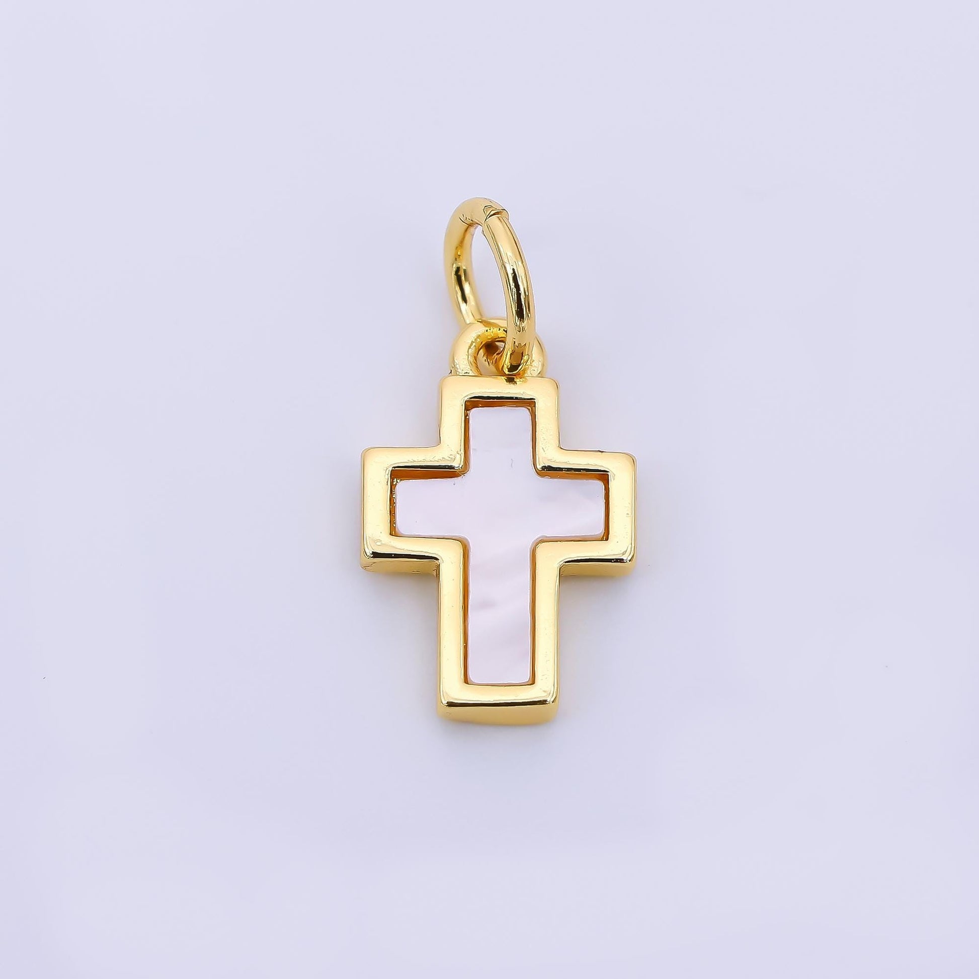 24K Gold Filled 14mm Mother of Pearl Art Holy Christian Cross Charm | AH-564
