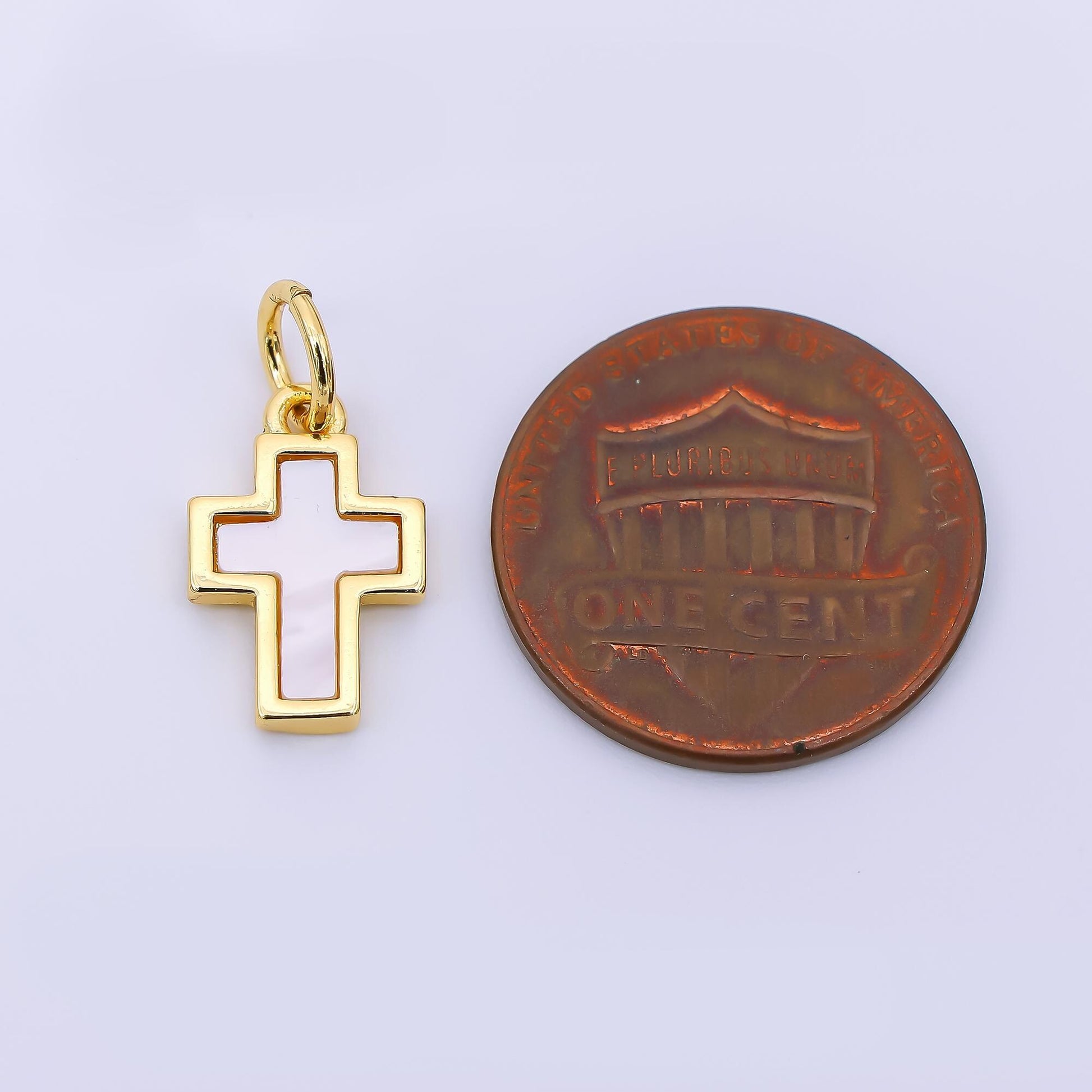 24K Gold Filled 14mm Mother of Pearl Art Holy Christian Cross Charm | AH-564