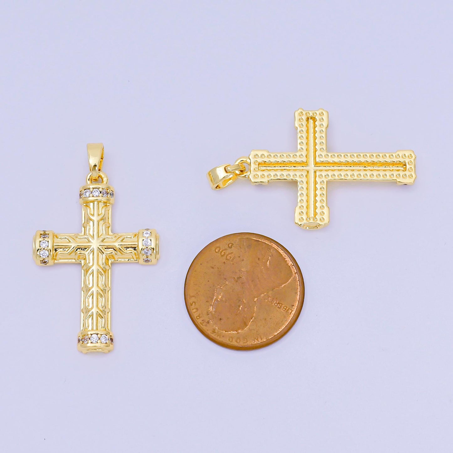 24K Gold Filled 29mm Micro Paved CZ Luxuriant Textured Holy Cross Christian Charm | AA-A1597