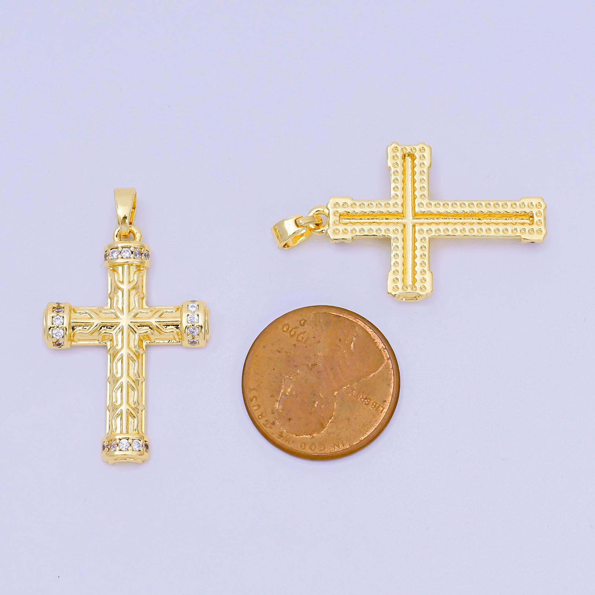 24K Gold Filled 29mm Micro Paved CZ Luxuriant Textured Holy Cross Christian Charm | AA-A1597
