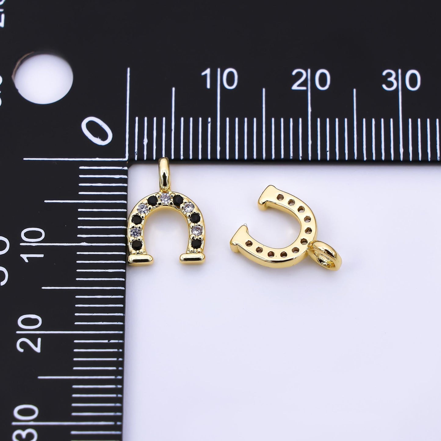 24K Gold Filled 29mm Micro Paved CZ Farm Horseshoe Animal Charm in Black, Pink, & Blue | AH-557 AH-558
