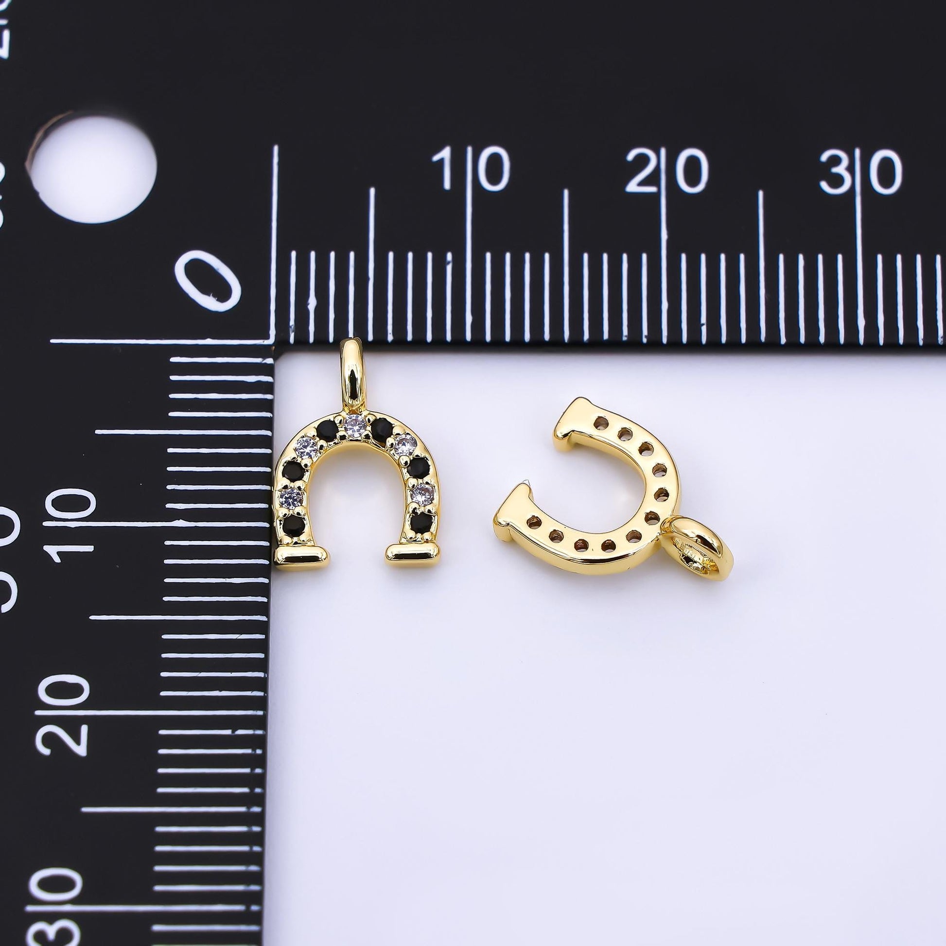 24K Gold Filled 29mm Micro Paved CZ Farm Horseshoe Animal Charm in Black, Pink, & Blue | AH-557 AH-558