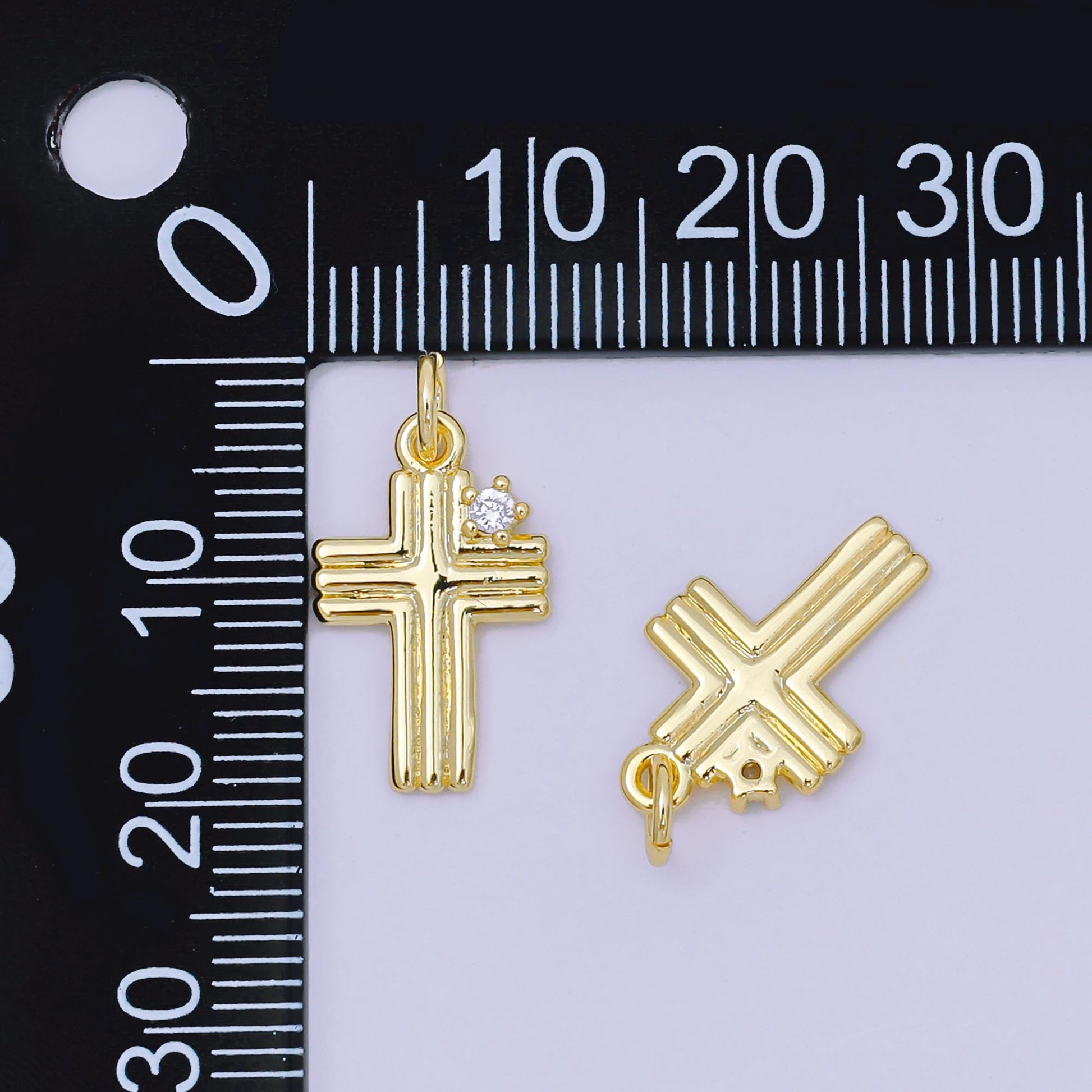 24K Gold Filled 17mm Round Clear CZ Groovy Holy Cross Christian Charm | AH-639