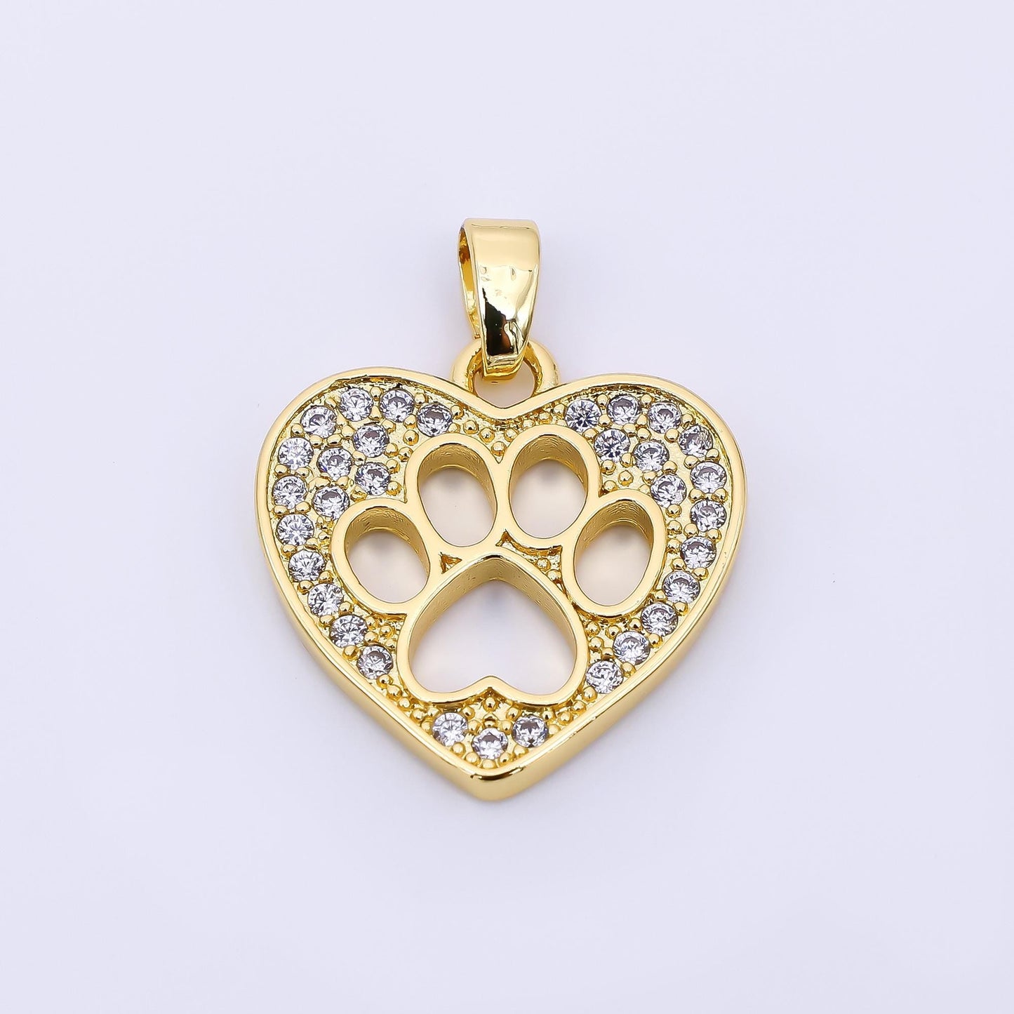 24K Gold Filled 17.5mm Micro Paved CZ Heart Dog Paw Charm Pets Pendant | AH-541