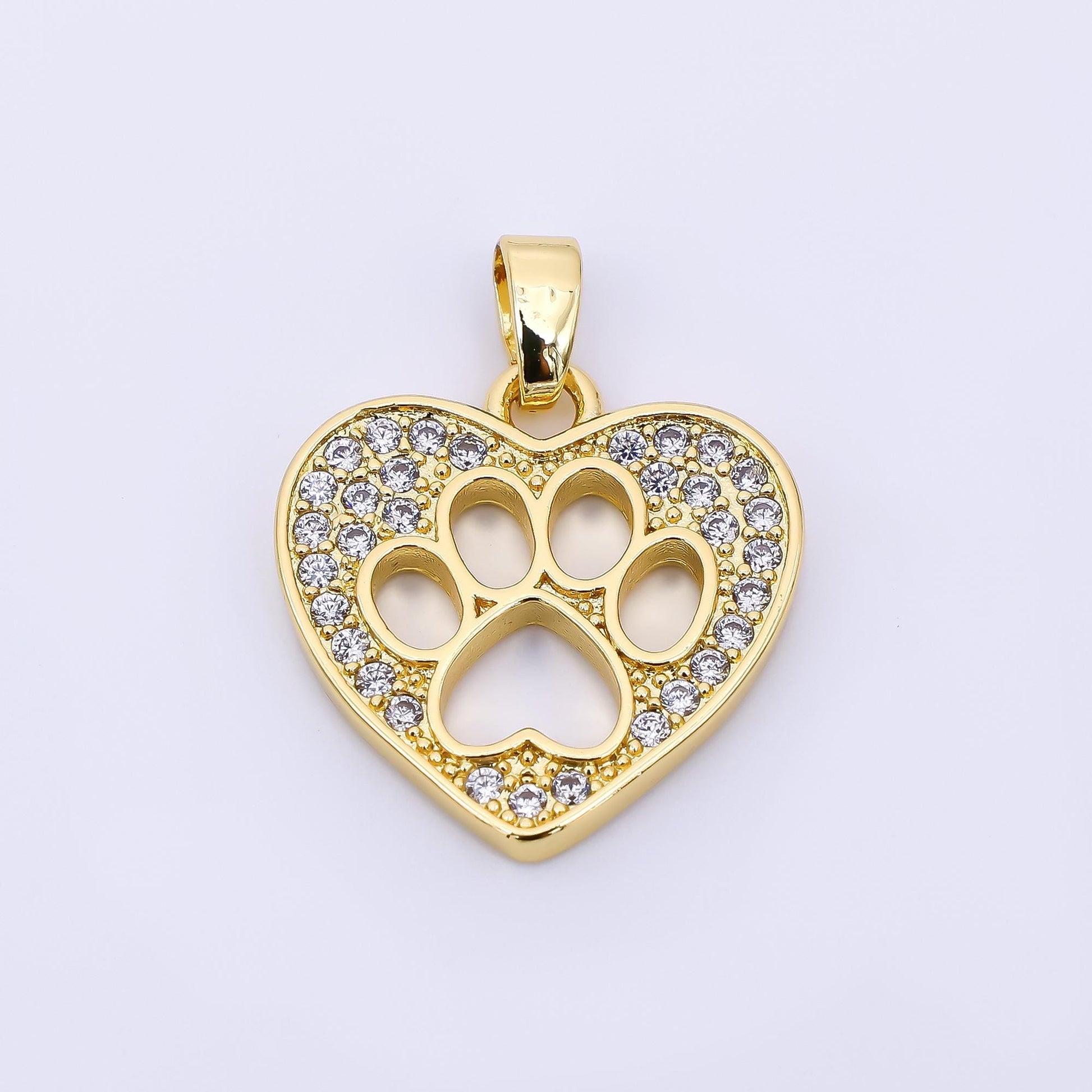 24K Gold Filled 17.5mm Micro Paved CZ Heart Dog Paw Charm Pets Pendant | AH-541