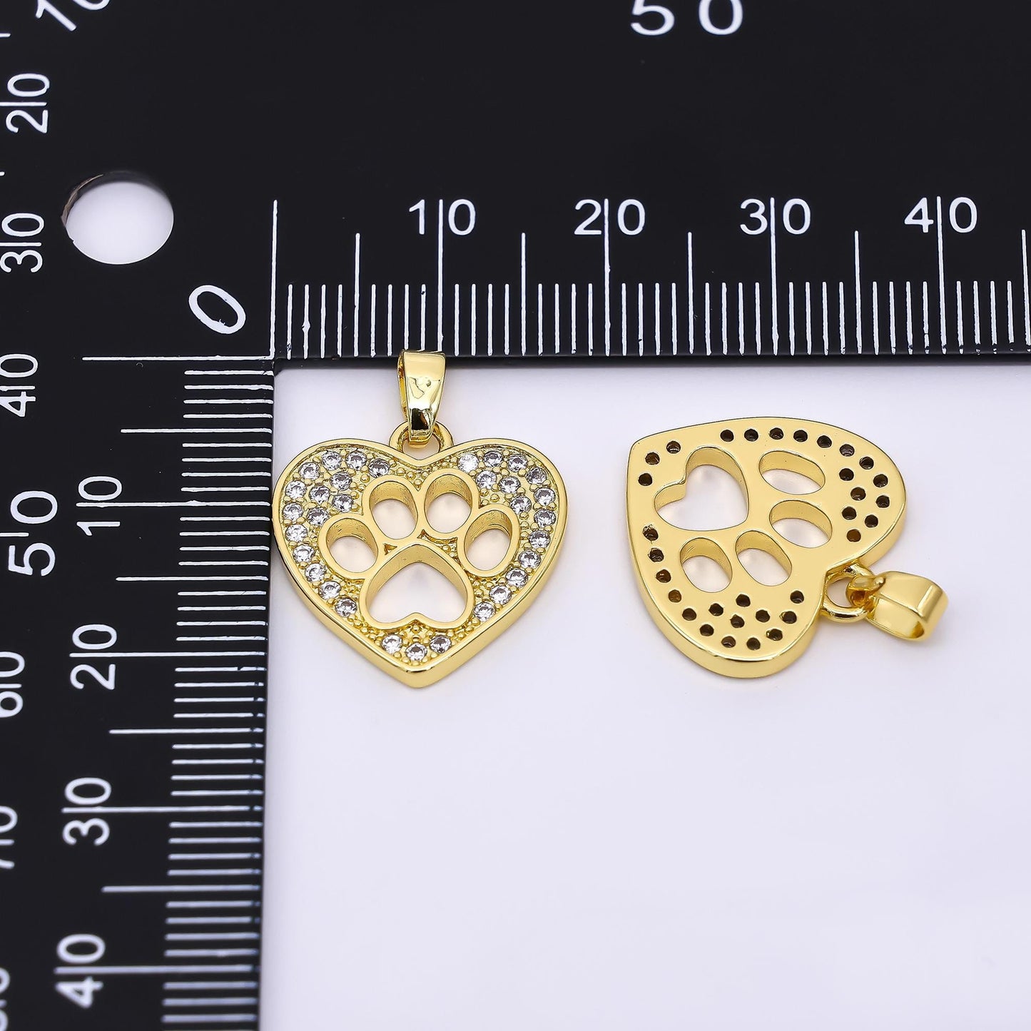 24K Gold Filled 17.5mm Micro Paved CZ Heart Dog Paw Charm Pets Pendant | AH-541