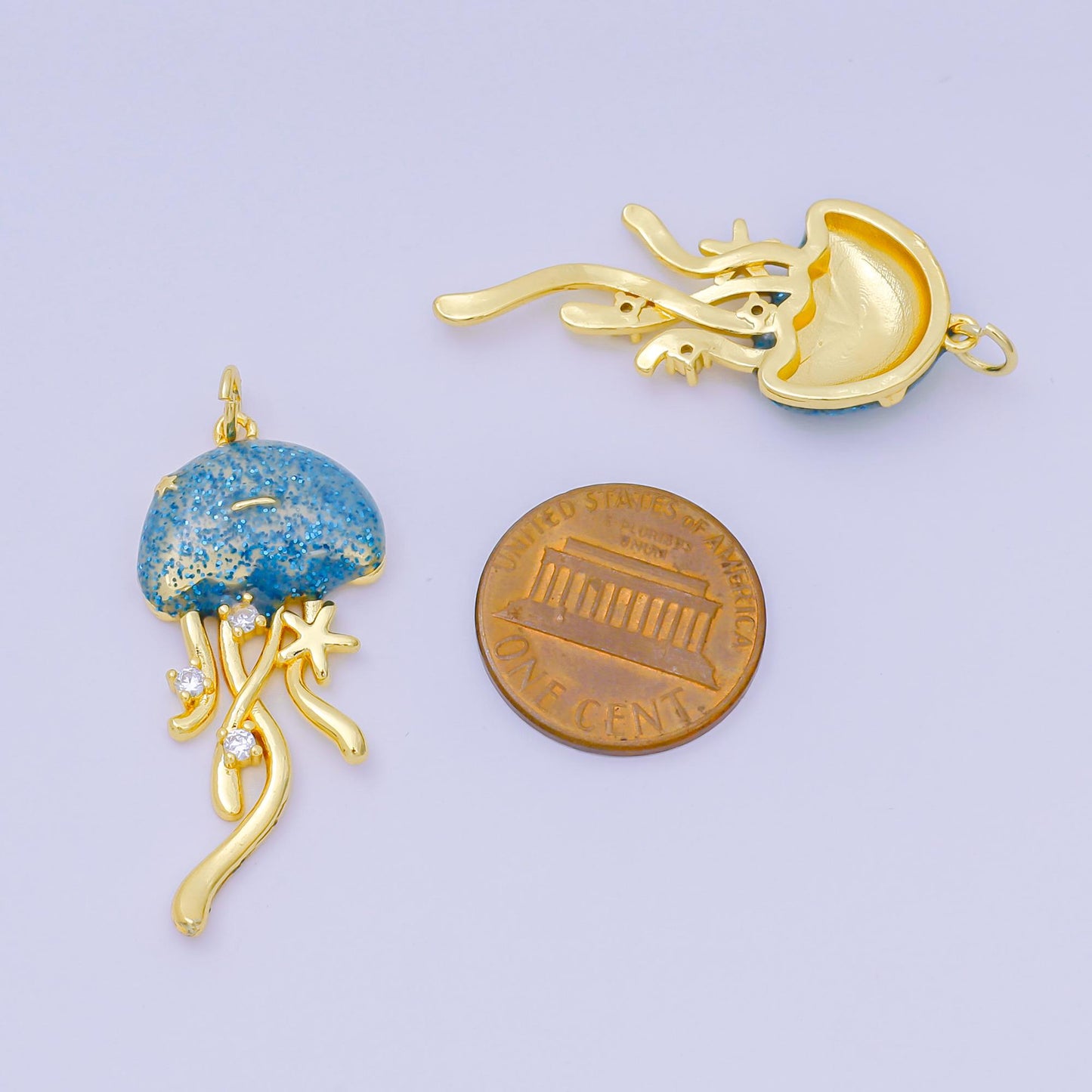 24K Gold Filled 35.5mm Enamel Art Blue Glittered Jellyfish Sea Animal Charm | AH-605