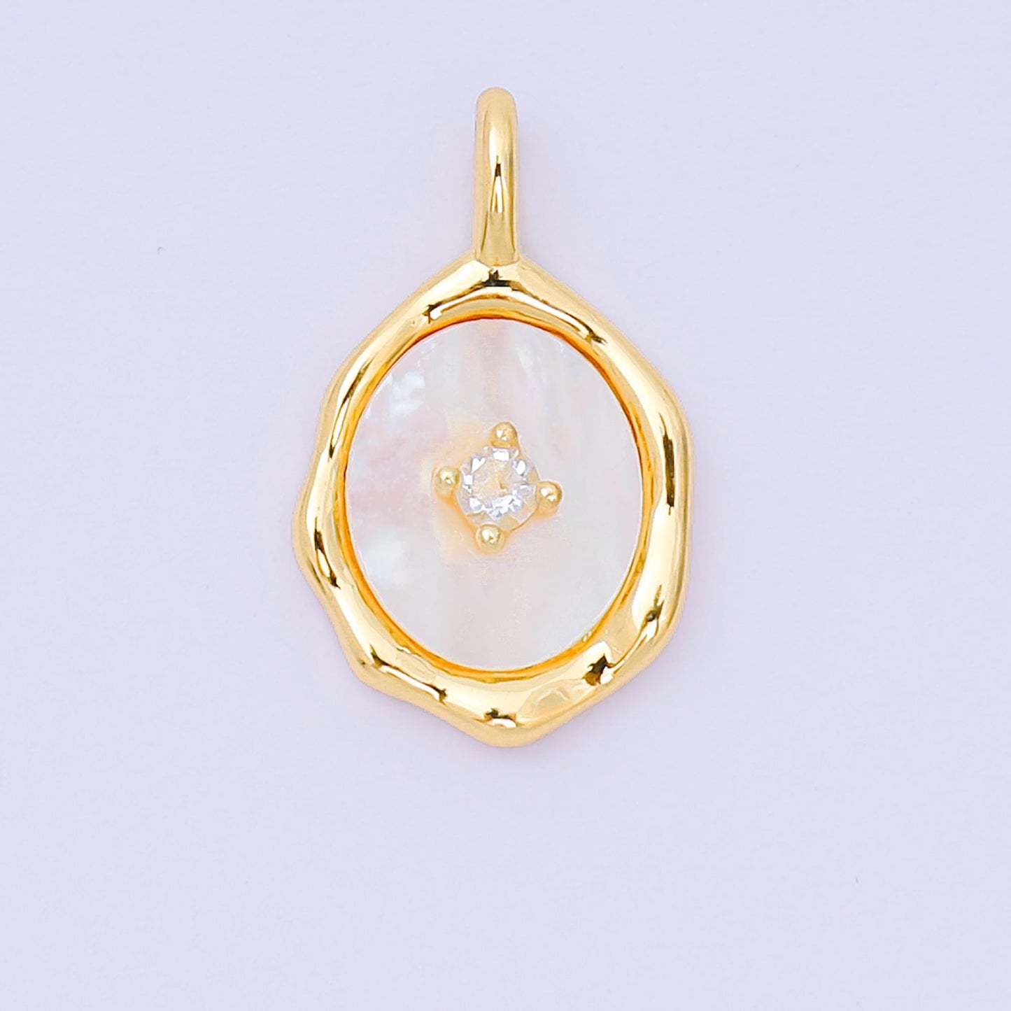 24K Gold Filled 20mm Round CZ Shell Pearl Abstract Mirror Pendant in Gold & Silver | AA-1584