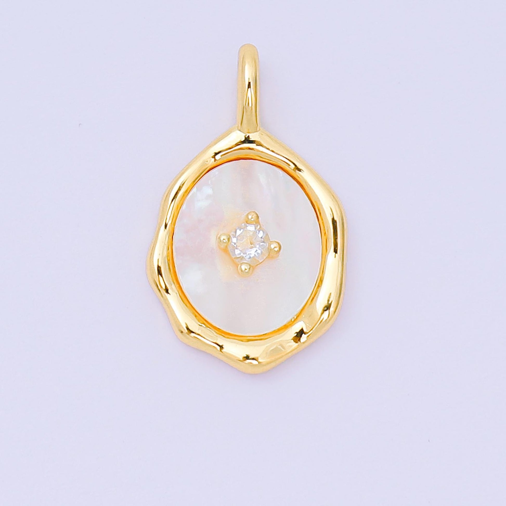 24K Gold Filled 20mm Round CZ Shell Pearl Abstract Mirror Pendant in Gold & Silver | AA-1584