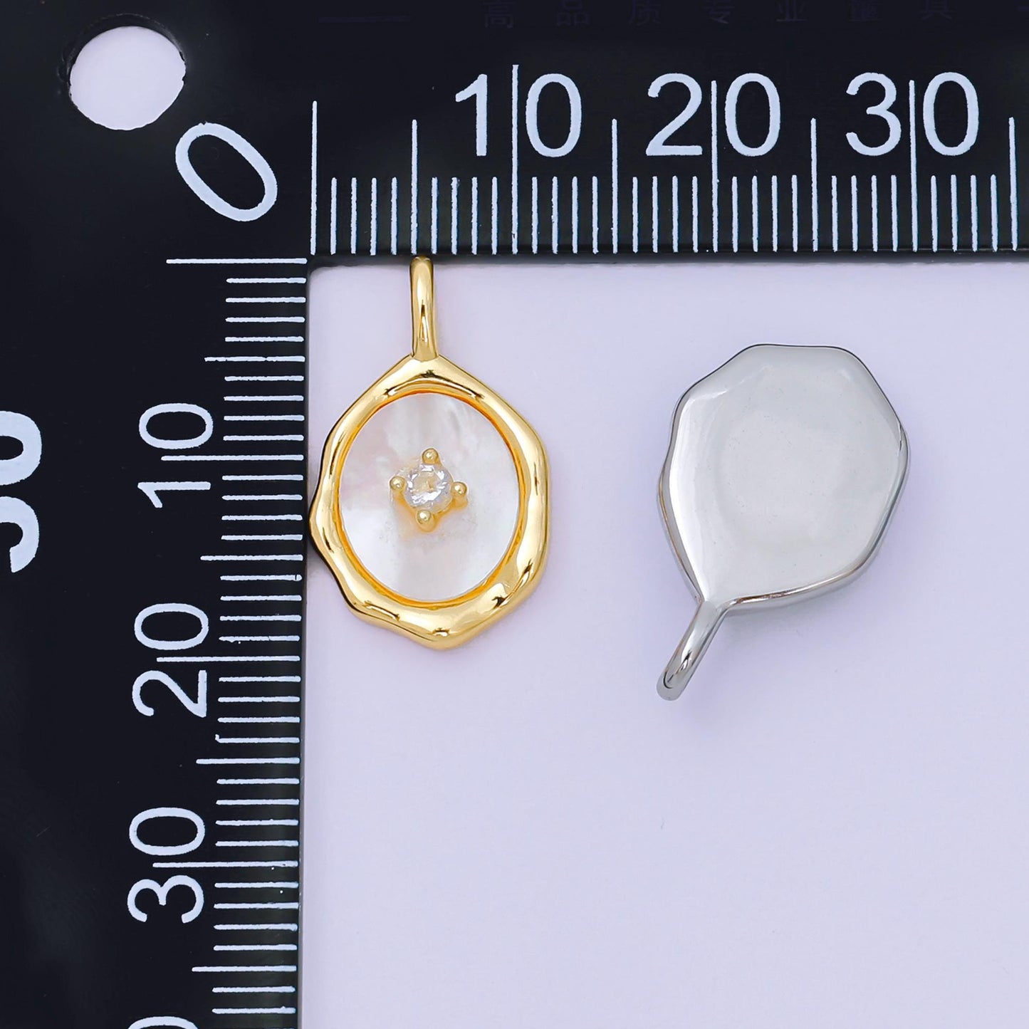 24K Gold Filled 20mm Round CZ Shell Pearl Abstract Mirror Pendant in Gold & Silver | AA-1584