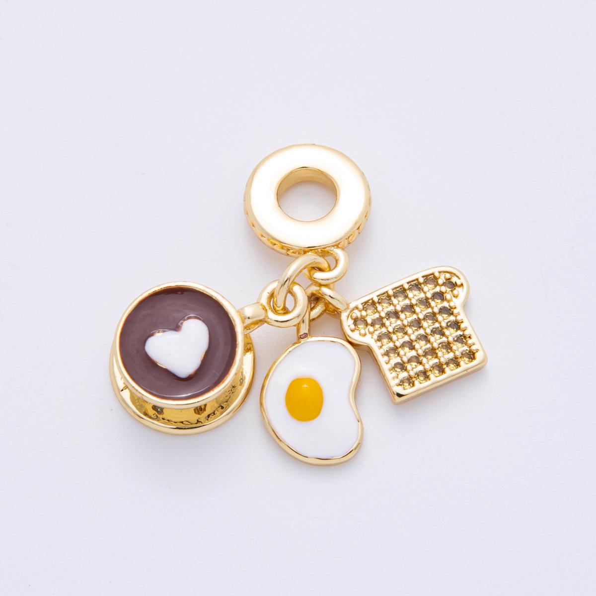 24k gold filled Breakfast charm Fried Egg, Coffee, Toast Foodie theme rondelle bail drop pendant bracelet | N-1415