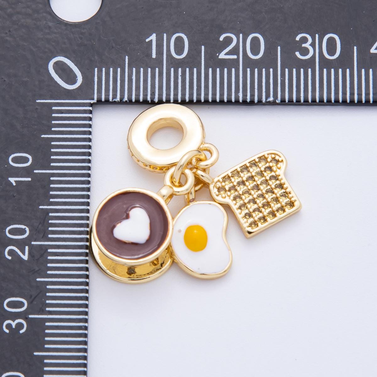 24k gold filled Breakfast charm Fried Egg, Coffee, Toast Foodie theme rondelle bail drop pendant bracelet | N-1415