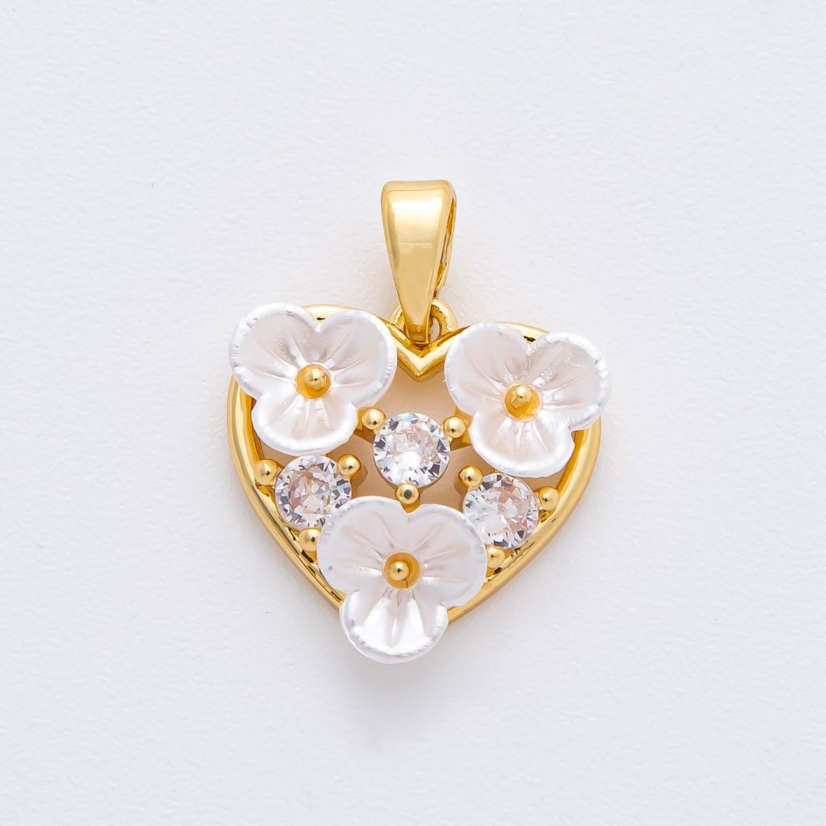 Gold Heart Charms 18K Gold Filled White Flower Charm Bracelet Necklace for DIY Jewelry Making Supply AF-1138