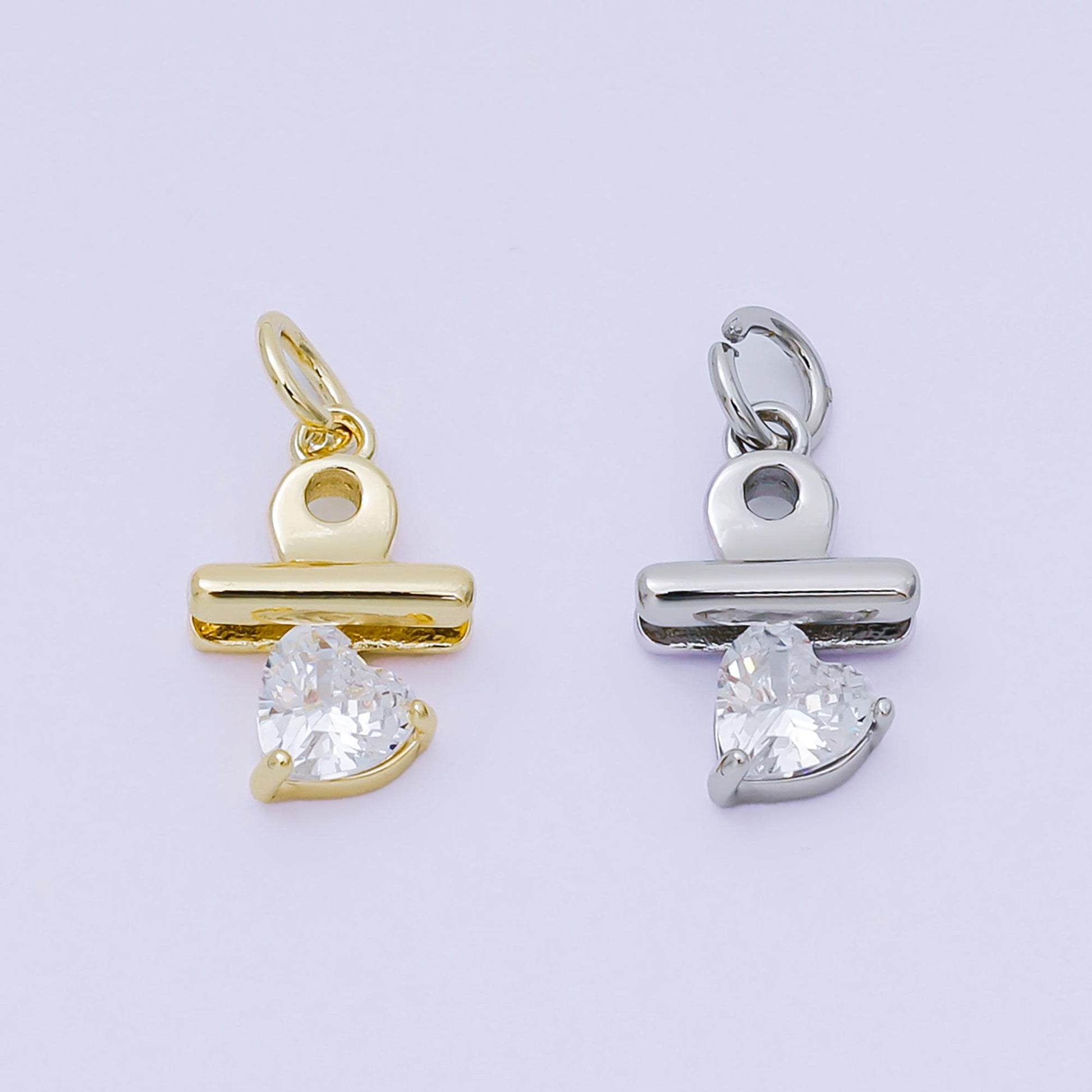 24K Gold Filled 13.5mm Heart-Shaped CZ Binder Clip Charm in Gold & Silver | AH-609