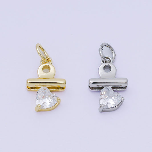 24K Gold Filled 13.5mm Heart-Shaped CZ Binder Clip Charm in Gold & Silver | AH-609