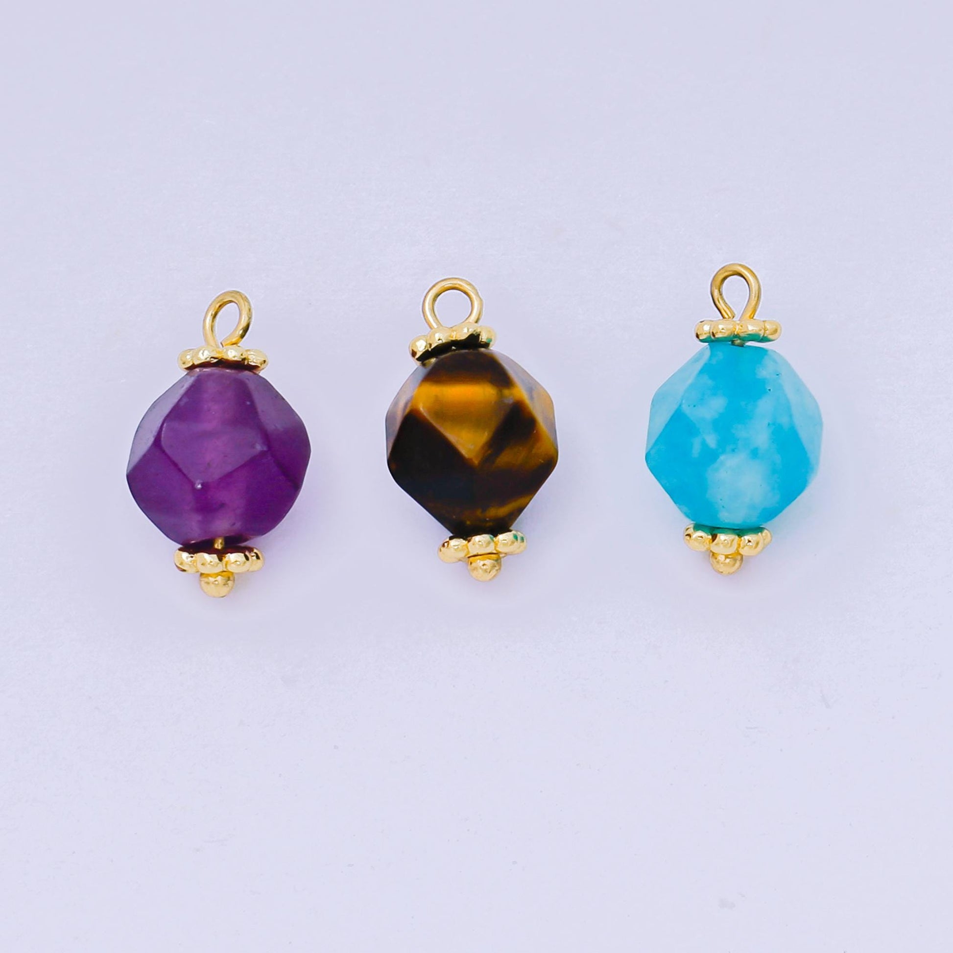 Faceted Gemstone Bead Charms Amethyst, Tiger Eye Pendants 24K Gold Filled Finding DIY Jewelry Making Supplies for Earrings Bracelet AH659