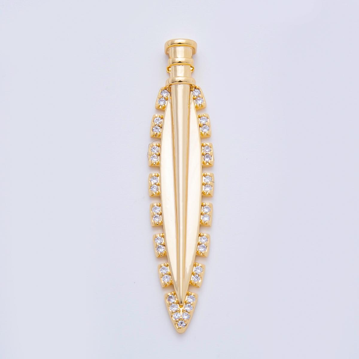 Gold Feather Pendant with Cubic Zirconia – Long Leaf Charm for Necklace Making, Sparkling Boho Jewelry Supplies, DIY Craft Findings N-1324