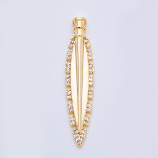 Gold Feather Pendant with Cubic Zirconia – Long Leaf Charm for Necklace Making, Sparkling Boho Jewelry Supplies, DIY Craft Findings N-1324