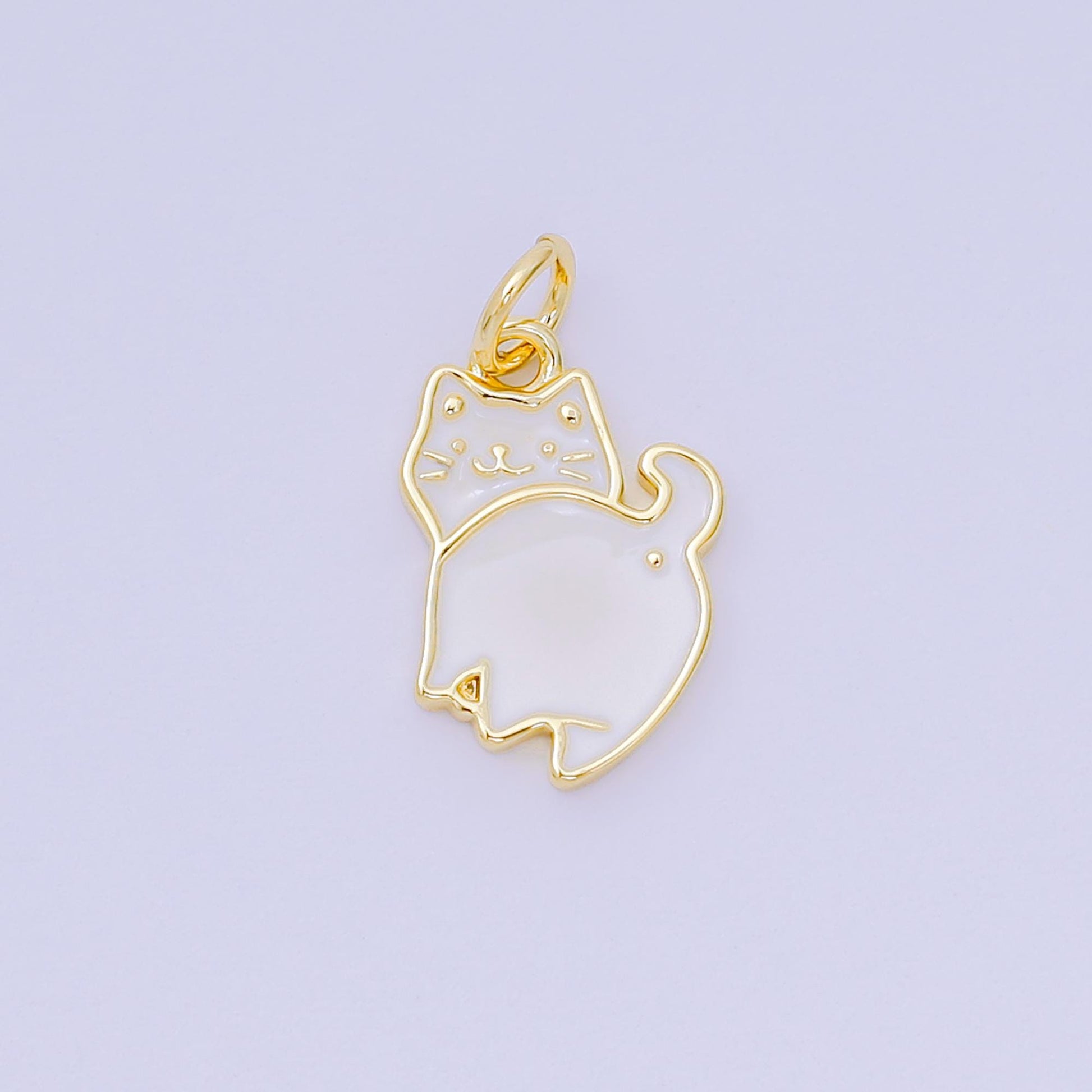 24K Gold Filled 15mm White Enamel Cat Animal Charm | AH-673